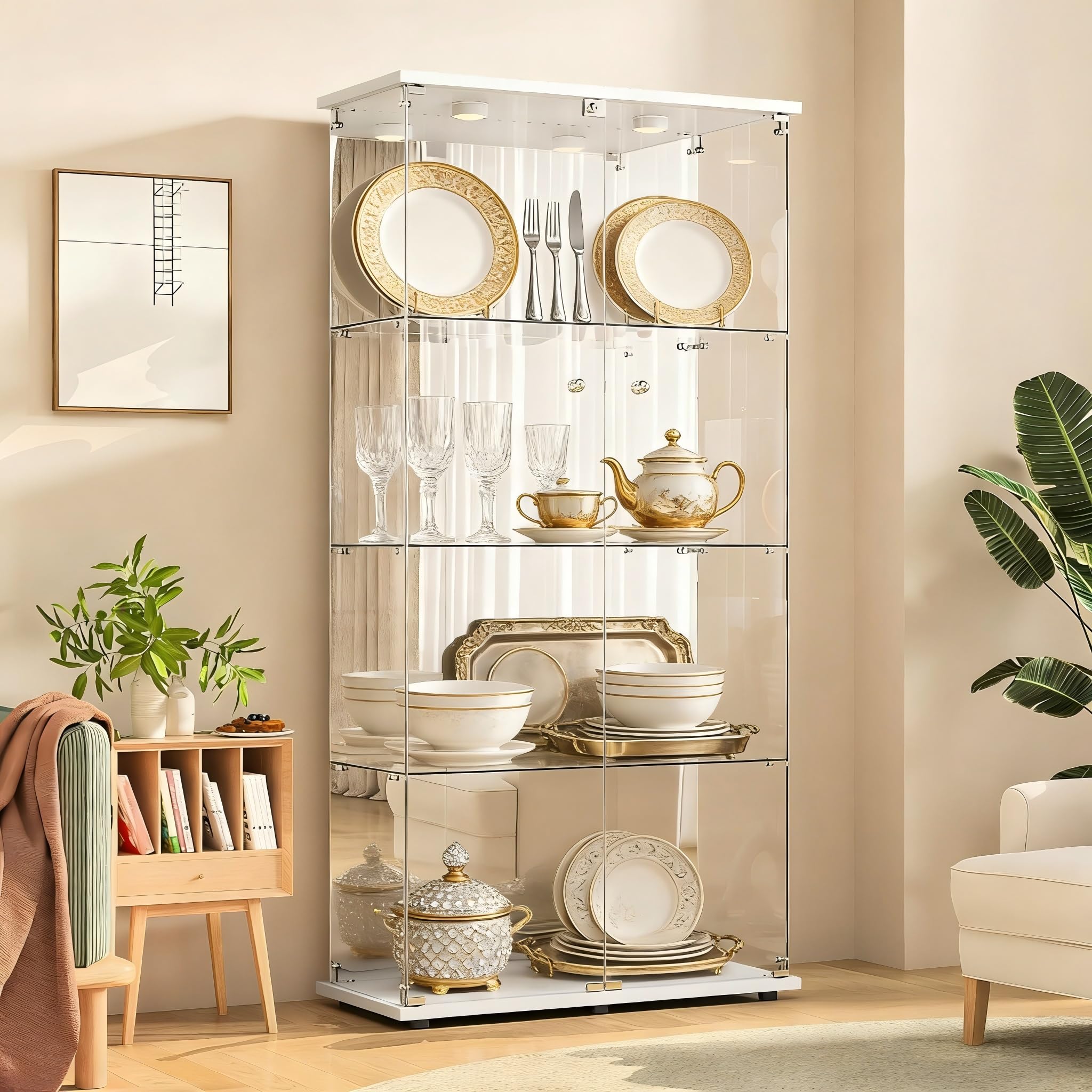 Vetrina in vetro, Vetrinetta Espositiva LED RGB a 7colori, 4 ripiani 2 ante, Vetrina Soggiorno a Specchio, Vetrinette Colonna Espositiva Colonna per collezione
