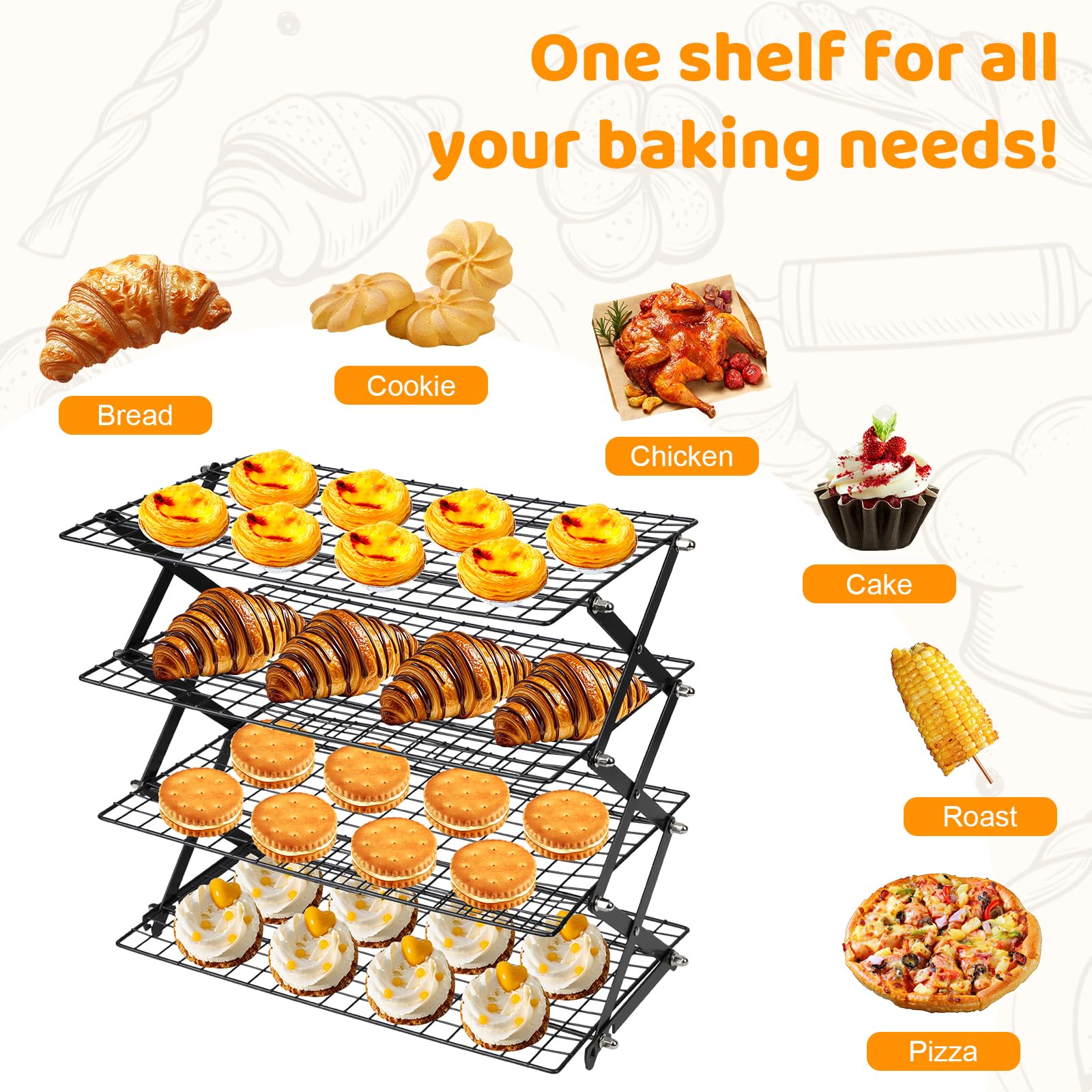4 Plantas Rejilla para Enfriar Pasteles, Apilable Rejilla para Horno | Plegable Rejilla para Enfriar Repostería, Reutilizable Cooling Rack para Asar, Hornear, Parrilla, Enfriar y Refrigerar