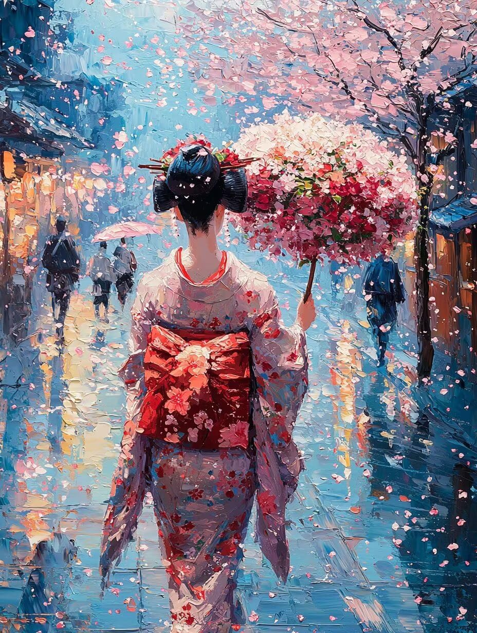 Malen nach Zahlen Erwachsene Straßenansicht mit Geisha, 70x90cm x-499 | Handgemalt Ölgemälde Kit für Mädchen Jungen ab 7 8 9 Jahre, Rahmenlos, für die Wanddekoration zu Hause, DIY Acrylmalerei