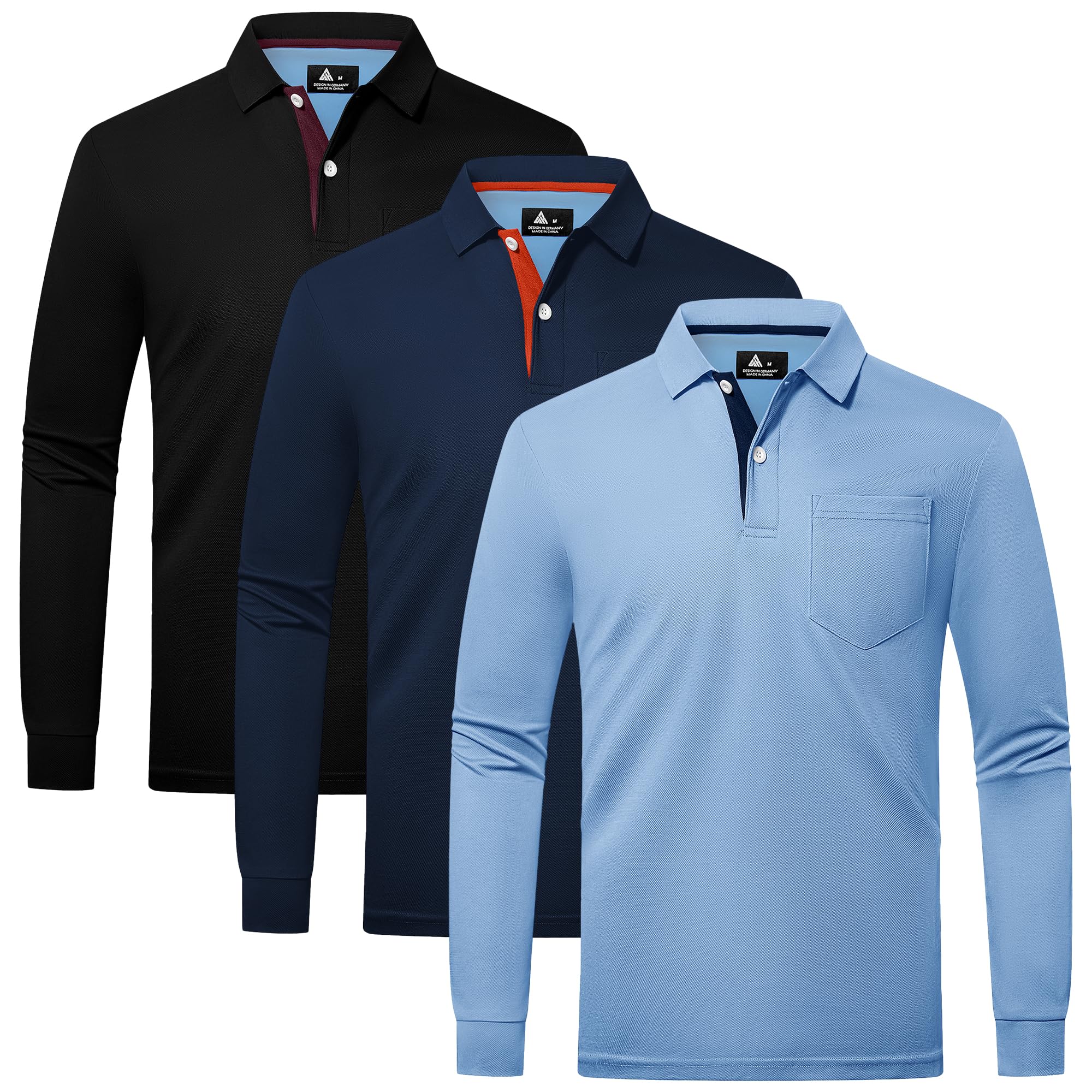 SwissWell 3er Pack Poloshirt Herren Langarm Atmungsaktiv Poloshirt Set Leicht Arbeitshemd Golf Polohemd Frühling Herbst Sport T Shirt mit Tasche