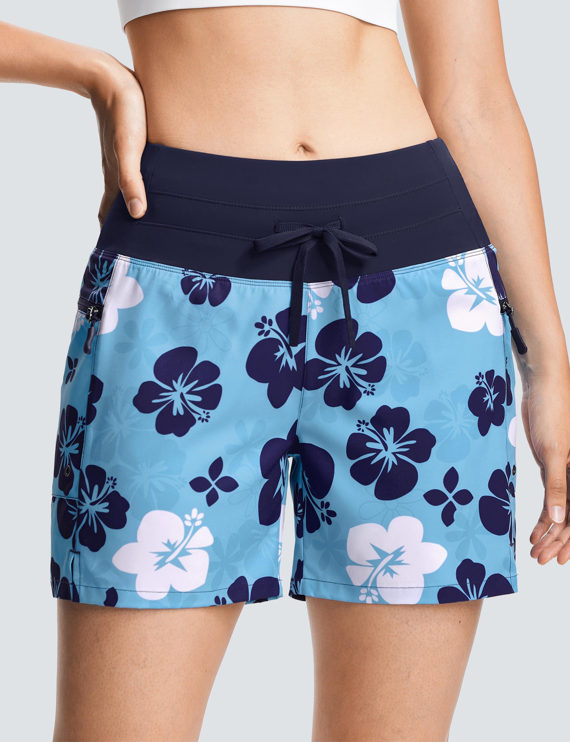 ISEEGZ Pantalones cortos de natación de cintura alta de 5 y 9 pulgadas para mujer, de secado rápido, UPF 50+, con forro y bolsillos con cremallera