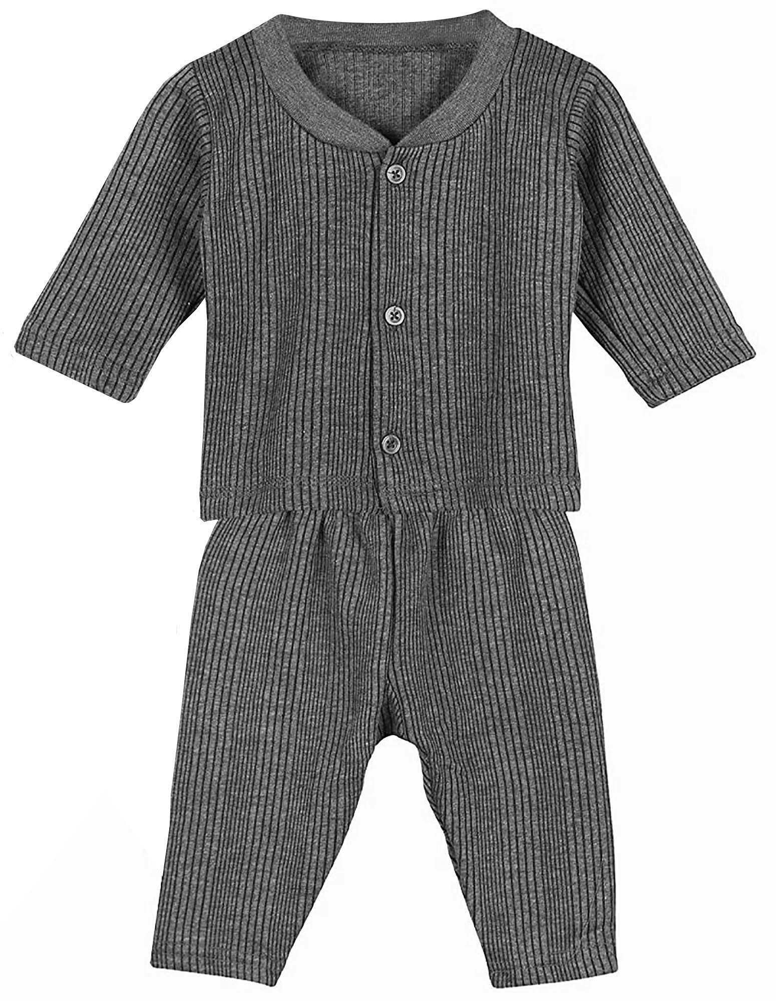 Tiny Tooth Cotton Blend Front Open Thermal Pajama Set (Top & Bottom) For Baby Boys & Baby Girls, Pack Of 3 Sets - Body Warmer For Baby (0-3 Months) (0-3 Months), Multicolour 2