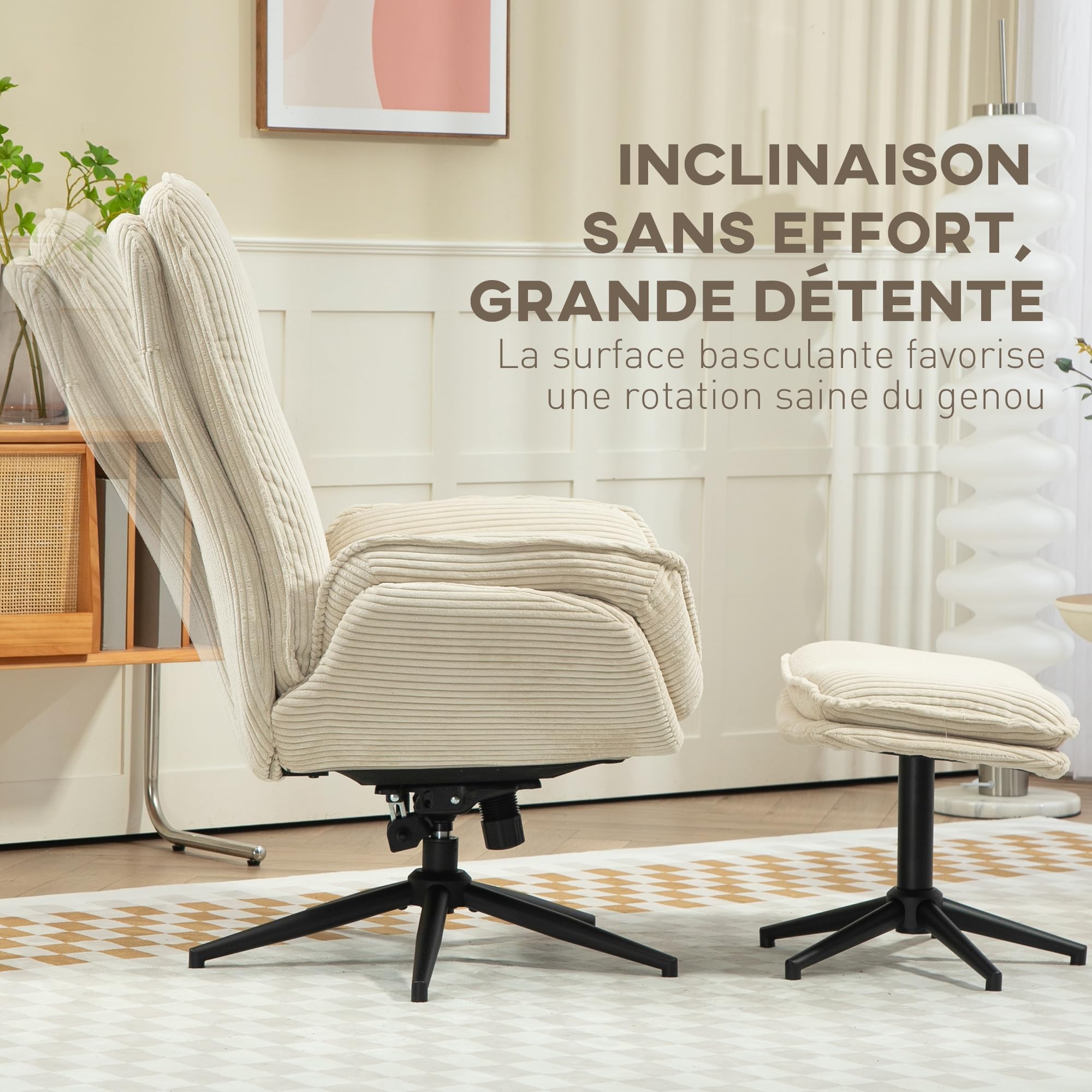 HOMCOM Fauteuil Salon avec Repose-Pieds Pivotant Inclinable Relax Beige | Velours Côtelé, Assise et Accoudoirs Rembourrés, Dossier Haut, pour Salon et Chambre