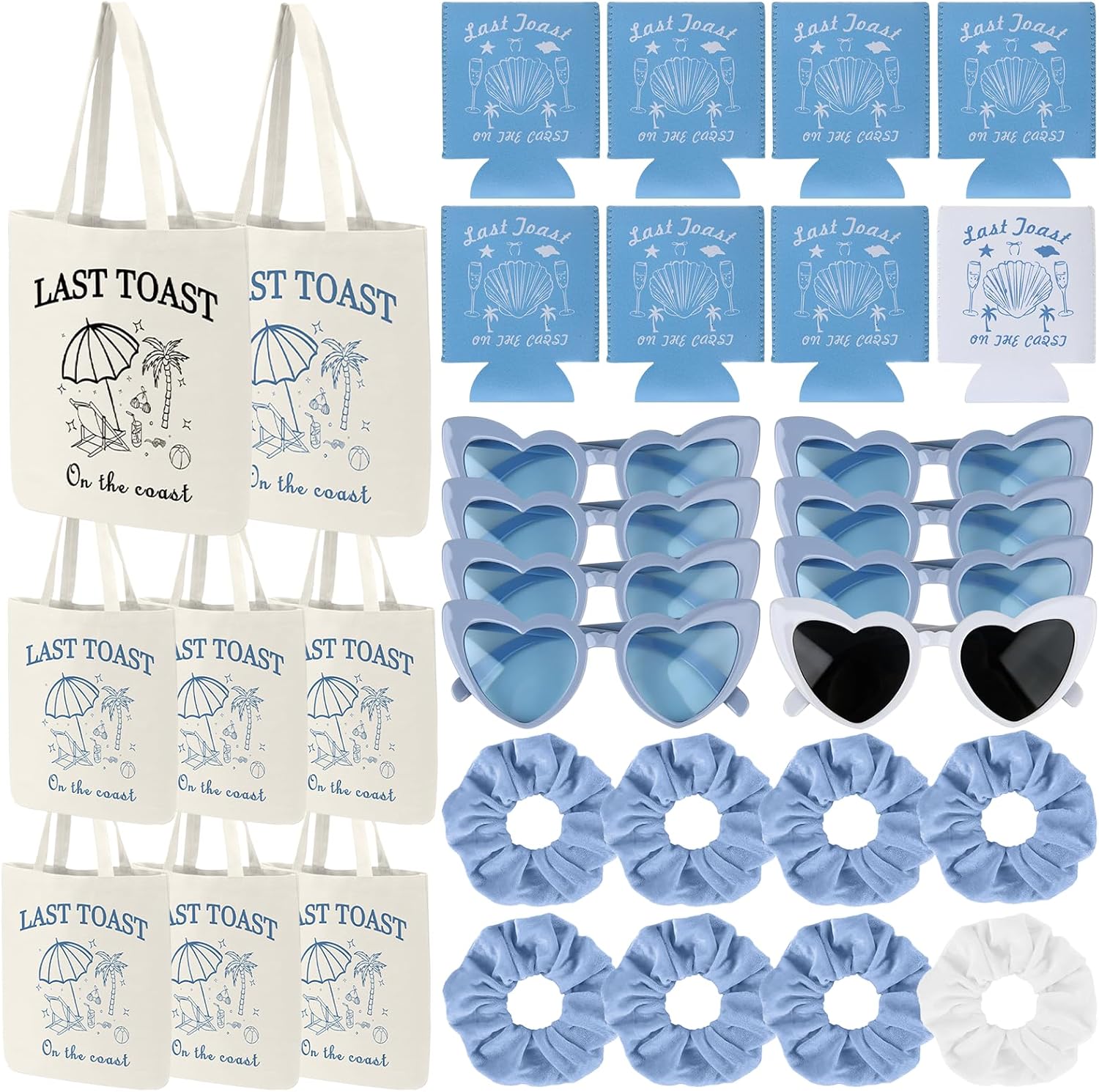 32 Pcs Last Toast on the Coast Gifts Set for 8 Heart Shaped Sunglasses Bride Scrunchies Bridesmaid Tote Bags Coastal Cup Sleeves Blue & White Coastal Bachelorette Party Favors for Bridal Shower Party
