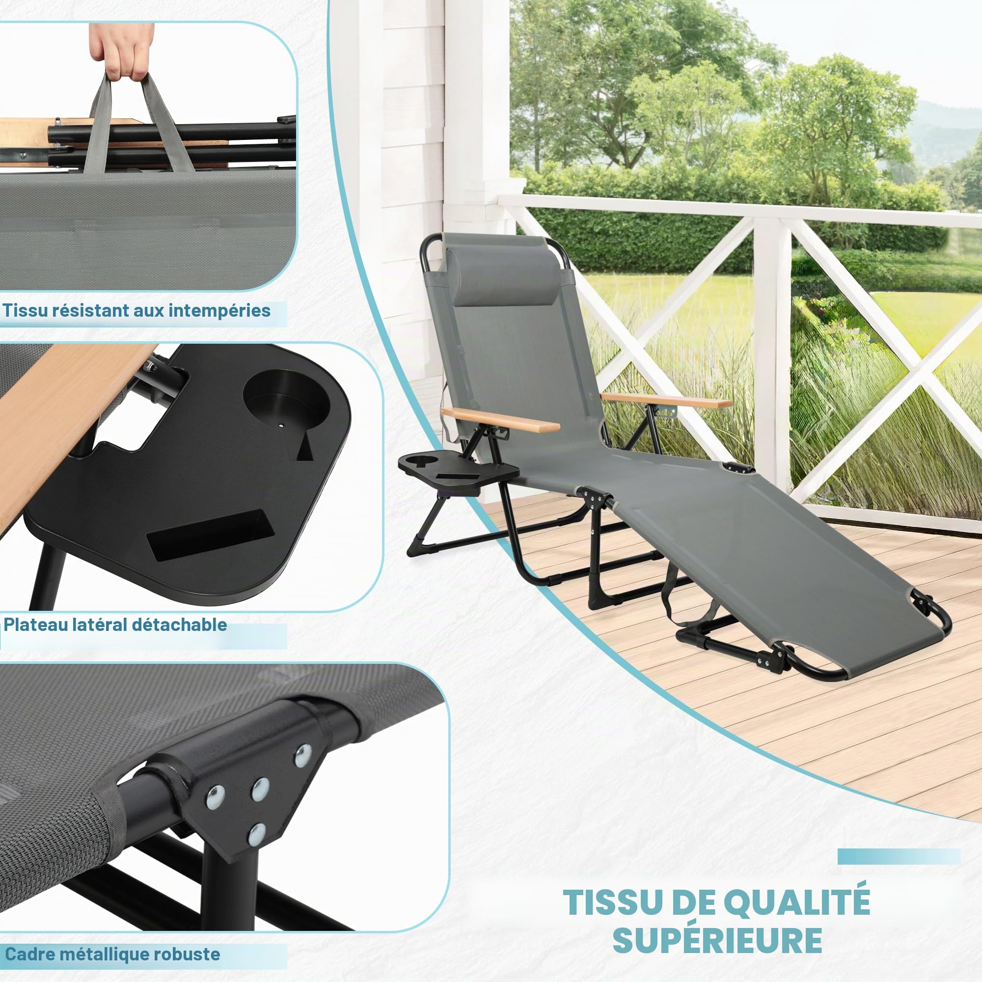 Chaise longue pliable avec dossier réglable en 4 positions - Chaise longue de jardin, fauteuil de plage, légère, avec coussin de tête et porte-gobelets, jusqu'à 150 kg pour balcon, jardin