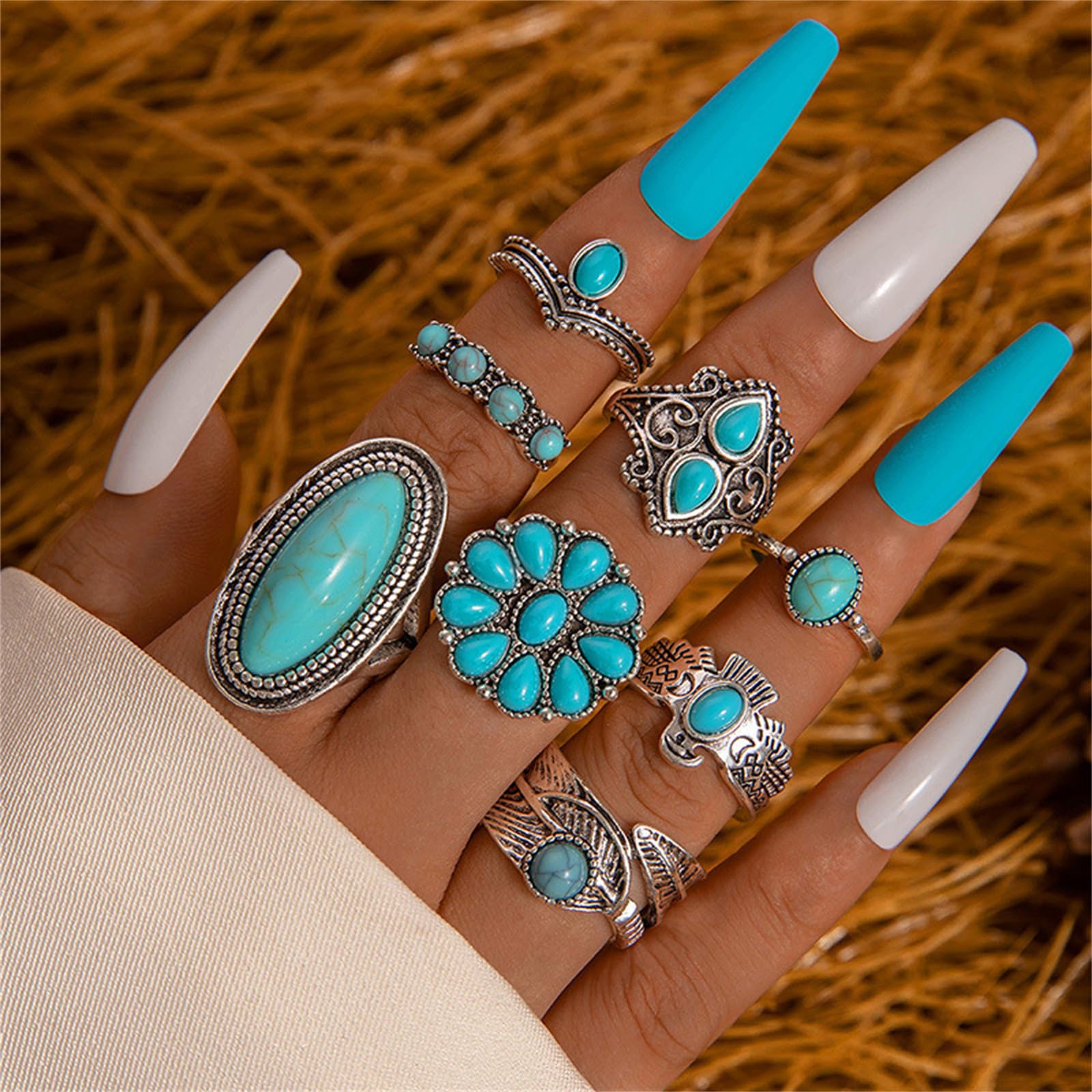 Juego de anillos bohemios de turquesa para mujer, anillos occidentales gruesos y gruesos de ópalo turquesa apilable, juego de anillos de nudillos punk de cristal midi, joyería bohemia, Metal, Sin 2