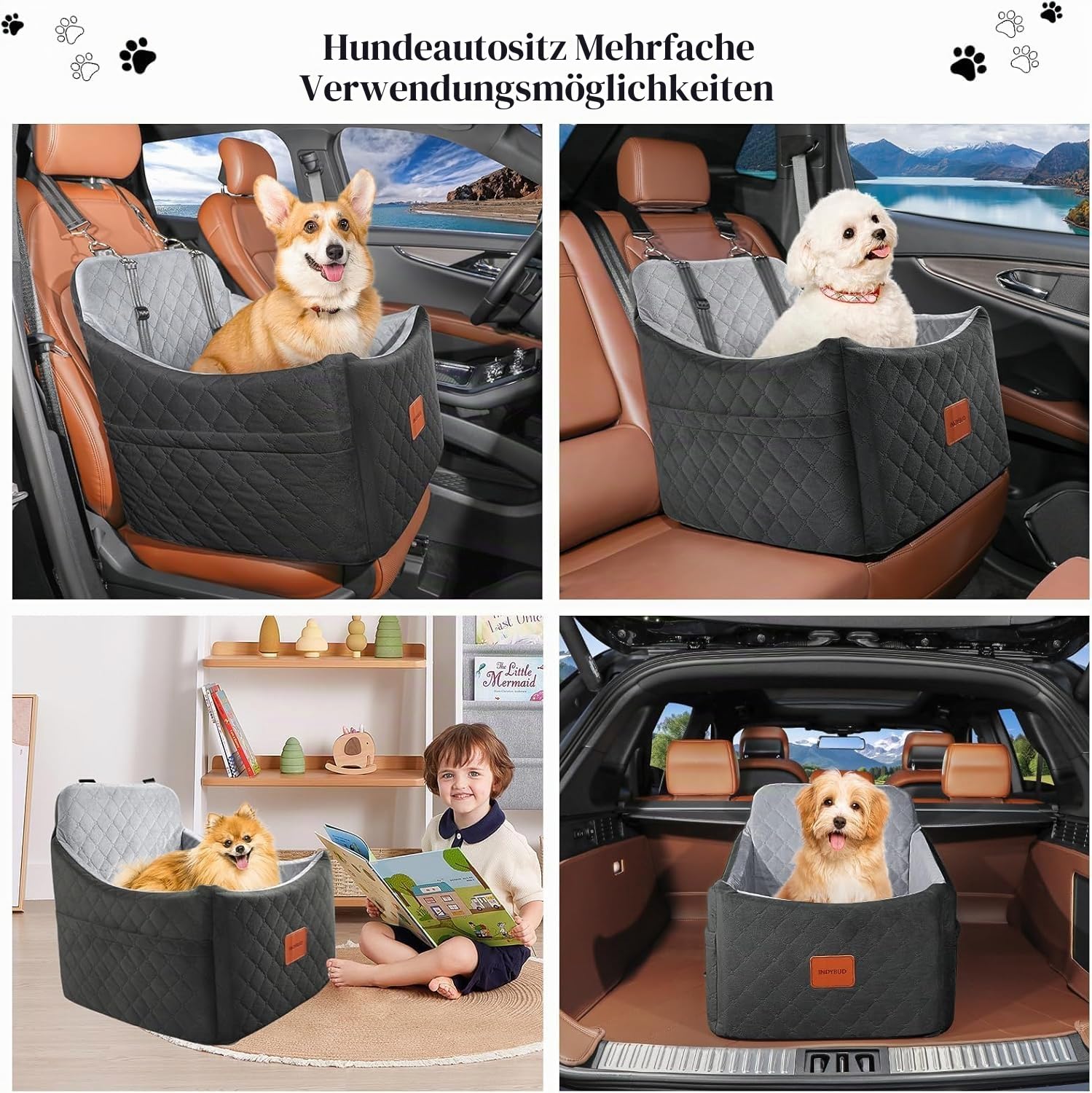 Hunde Autositz für Kleine/Mittlere Hunde, Memory-Schaum Erhöhter Hundesitz Auto, Abnehmbar & Waschbarer Hundebett Auto mit Aufbewahrungstaschen und Sicherheitsleinen (Schwarz Grau, Mittel)