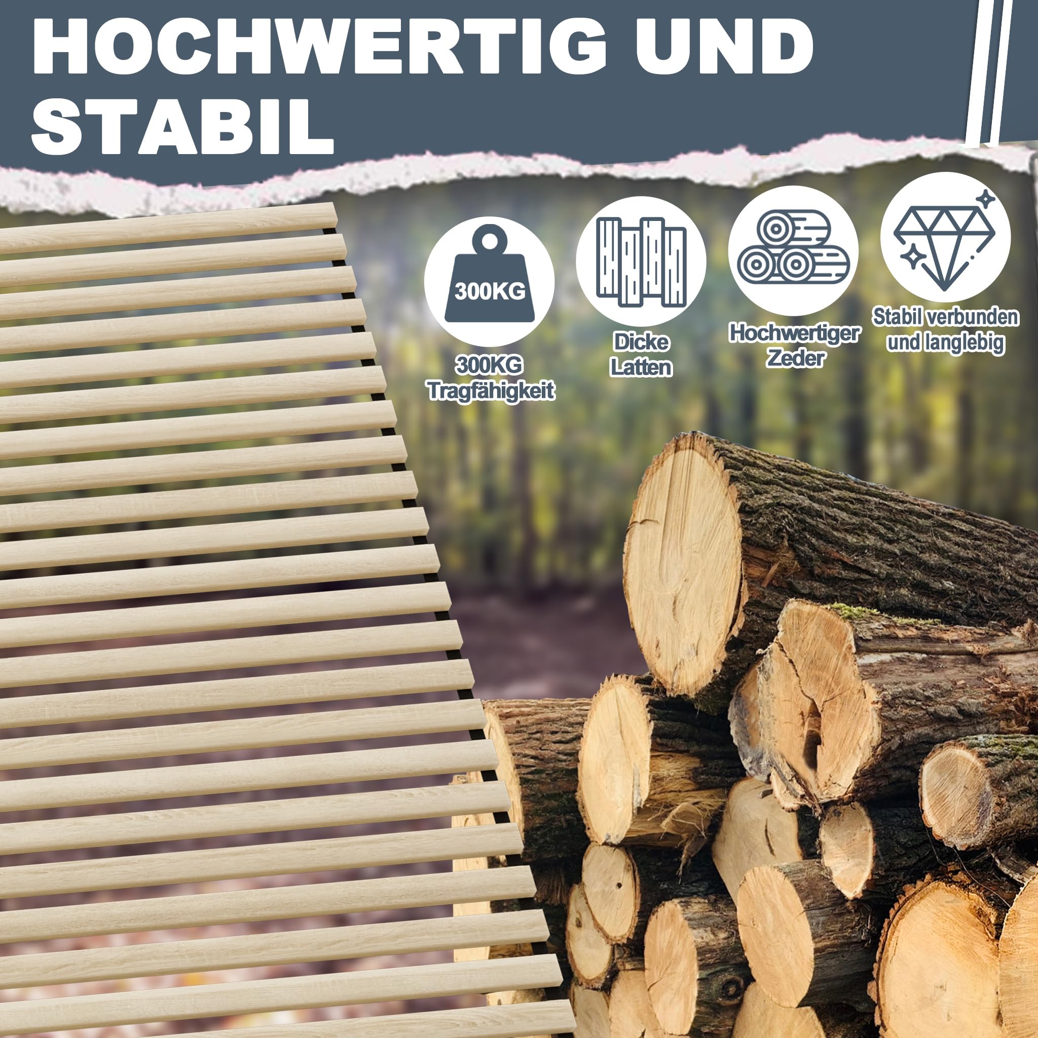 UISEBRT Somier enrollable de madera de abeto, 23 listones, 140 x 200 cm, listones de madera con goma negra, apto para todo tipo de colchones, capacidad de carga de hasta 300 kg