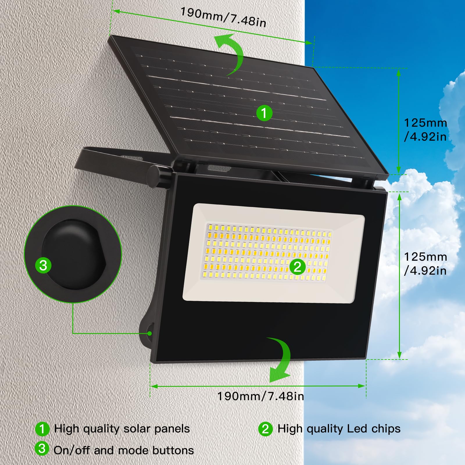 Tayire Solar Lights for Outdoor Use with Motion Sensor 1200 mAh 154 LEDs 3 Modes Solar Outdoor Light IP65 Weatherproof - Image 2