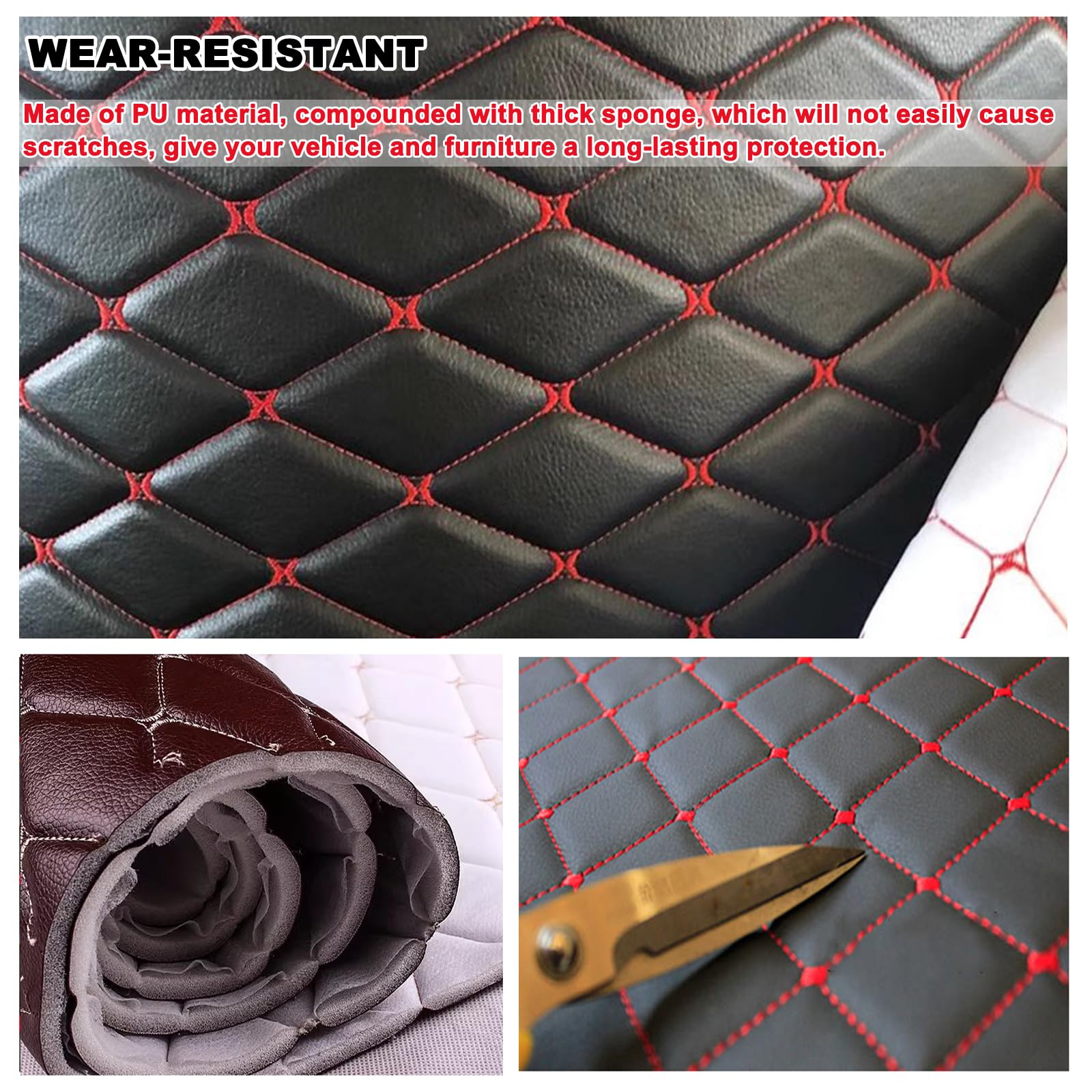 Faux Leather Fabric Quilted Foam Vinyl Fabric Upholstery Thick 6mm Foam Backed for Cars Vehicle Seat Cover Furniture Auto Headliner Repair Headboards DIY Crafts(Size:1.5x1m/59x39in,Color:Red Thread 1) - 4