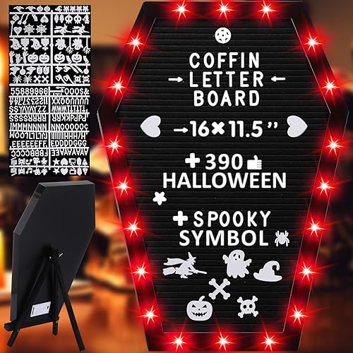 Tablero de letras de ataúd con luces intercambiables, luces LED integradas, letrero de fieltro de Halloween con letras espeluznantes y soporte de