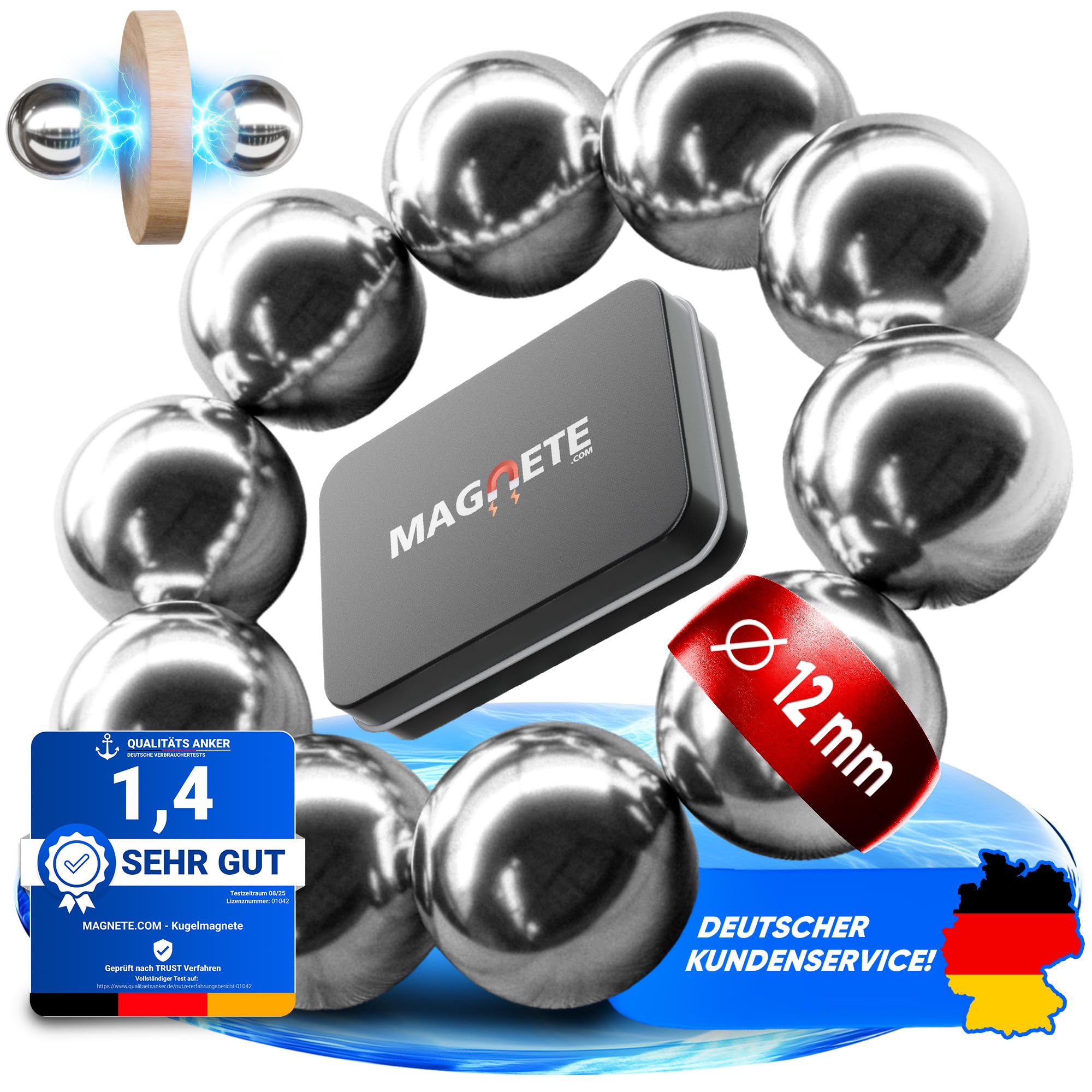 10 Neodymium Power Magnets Silver – Ball Magnet Extra Strong Round Diameter 12 mm – Strong Magnets Holding Force Approx. 2.0 kg – Super Magnet – Magnets for Whiteboard, Pin Board, Magnetic Board