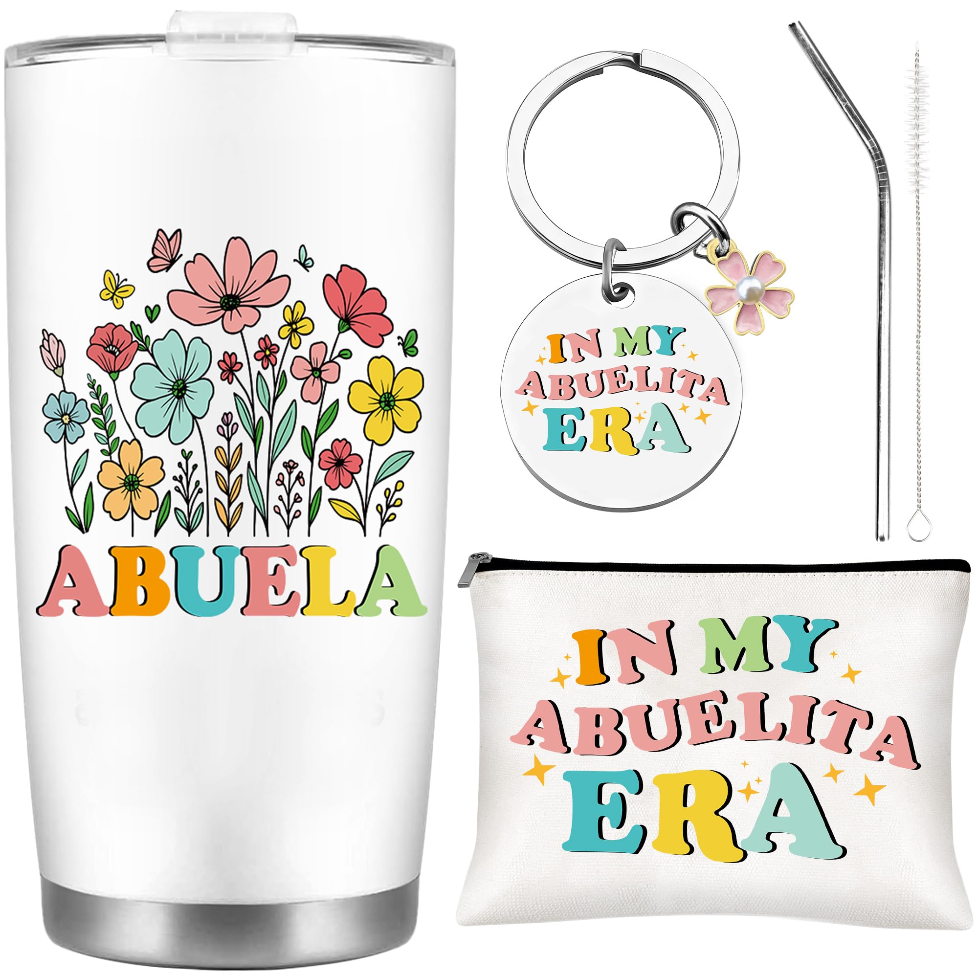 Abuela Gifts Set, Floral Abuelita Tumbler with Straw Cosmetic Bag Keychain Bracelet Set, Regalos para Abuela Gifts for Grandma from Grandkids, Mother’s Day Birthday Mexican Grandma Gifts
