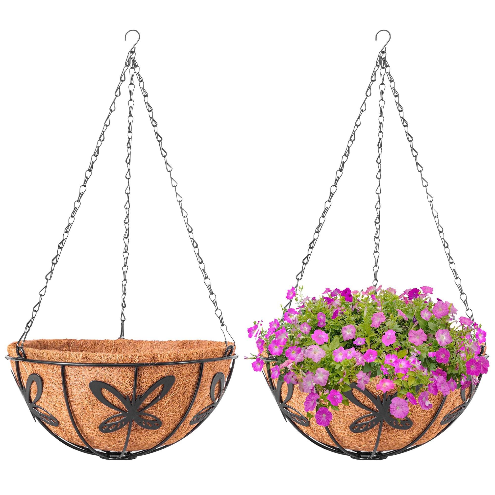 ARVINKEY Hanging Baskets Planter for Plants, 2 Pack 12 Inch Round Metal Wire Hanging Flower Pots with Coco Coir Liner Chain, Plant Holder for Home