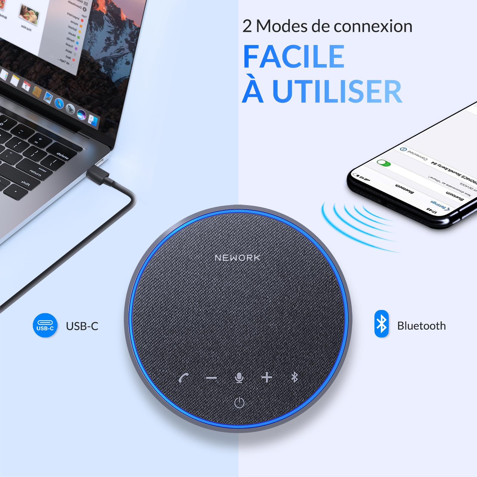 Haut-Parleur de Conférence Bluetooth, Micro 360° avec 3 Micros AI Réduction du Bruit, Autonomie 12h, USB-C & Bluetooth, Speakerphone Portable pour Bureau, Télétravail, Zoom, Teams