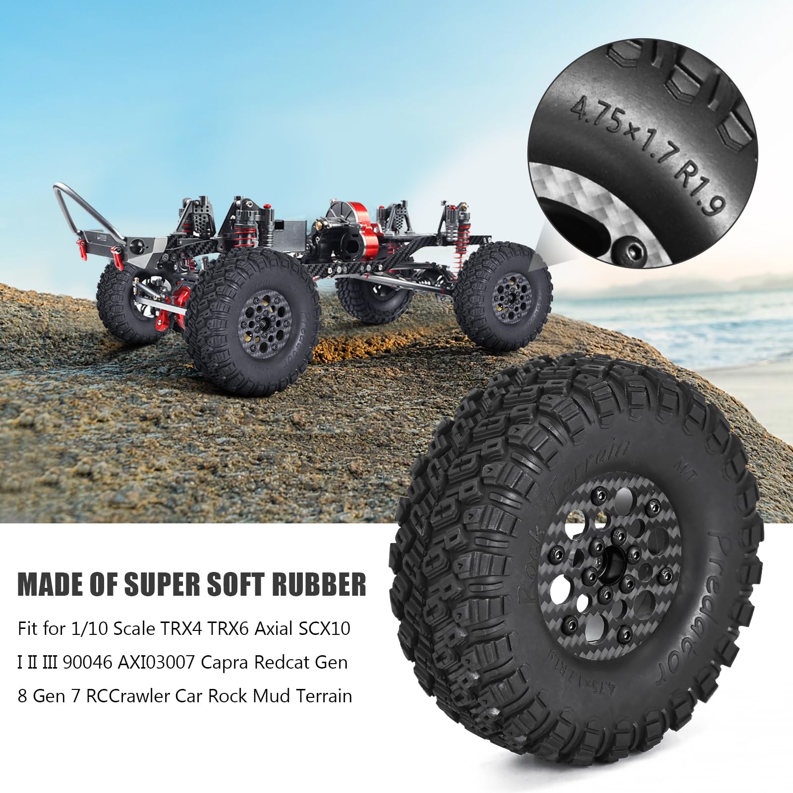 RC 1.9 Beadlock Wheels and Tires, 12mm Hex Hub Wheels 1.9 Assembled Tires Wheels for 1/10 Scale TRX4 TRX6 Axial SCX10 I II III 90046 AXI03007 Capra Redcat Gen 8 Gen 7 RC Crawler Car Rock Mud Terrain