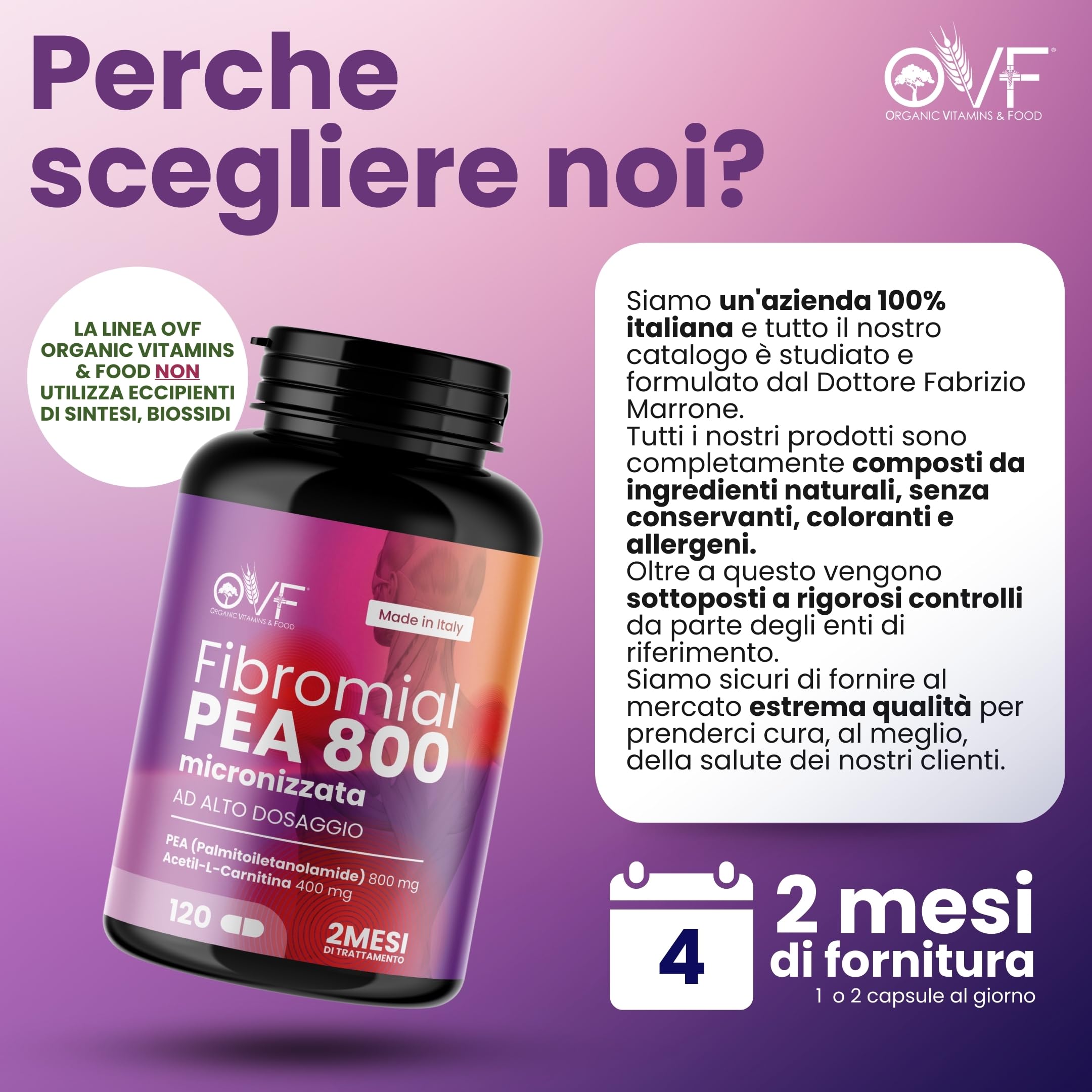 OVF Fibromial PEA 800 120cps Integratore Naturale 100% con Palmitoiletanolamide 800 L Acetil Carnitina 400 Senza Eccipienti, Supporto al Benessere di Nervi e Muscoli per Disturbi Diffusi Made In Italy