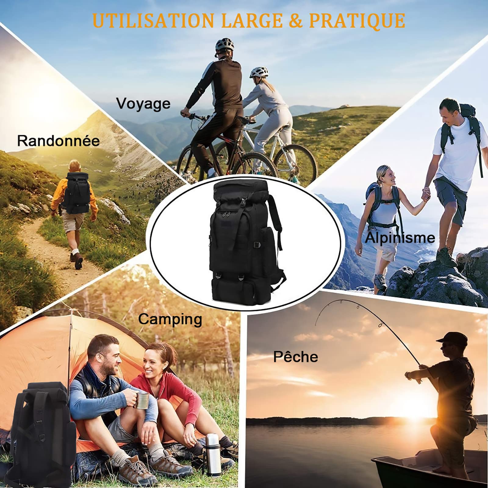 Sac à dos de randonnée homme 60L-80L sac à dos militaire tactique étanche sac à dos de survie MOLLE grand sac a dos randonnee voyage pour l'escalade, le camping, le chasse