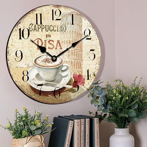 Eruner - Reloj de pared de estilo italiano de 14 pulgadas, elegante reloj de pared de oficina con estilo de cocina, efecto moteado de madera, sala