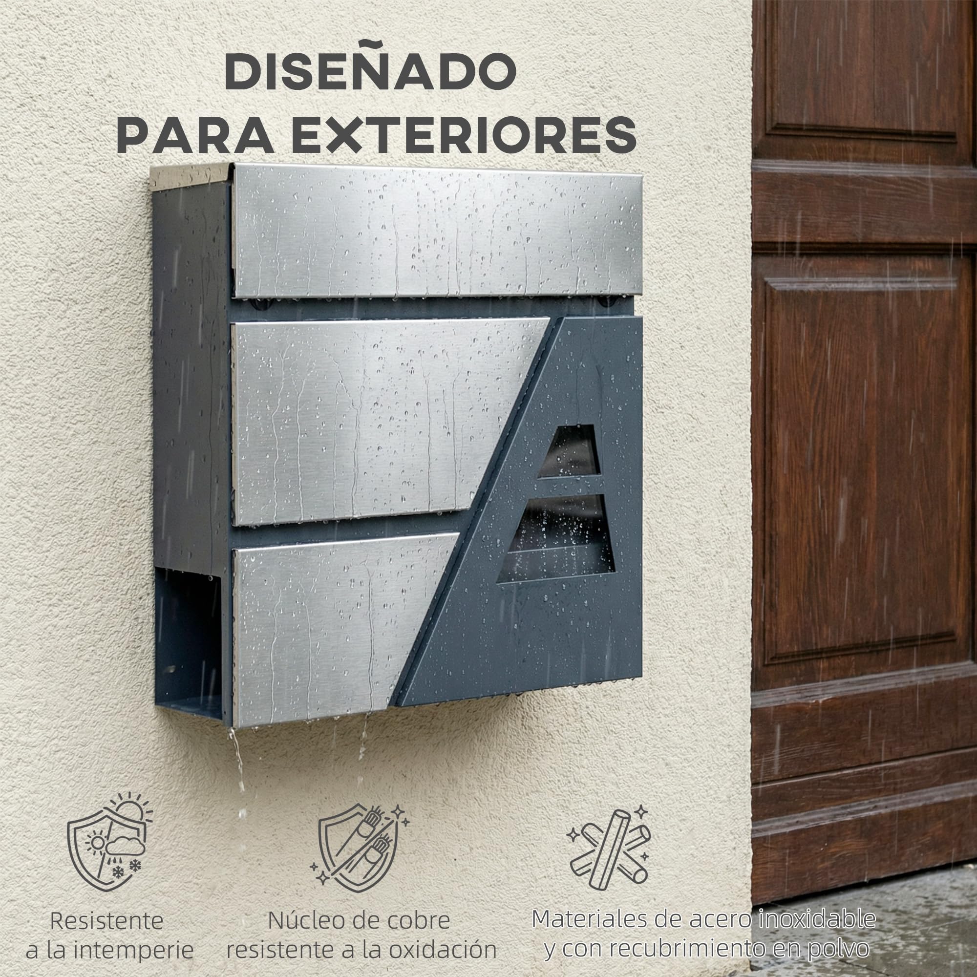 HOMCOM Buzón Exterior de Acero Inoxidable, 13 L, Buzón de Pared Correo con Cerradura y 2 Llaves, Cierre Silencioso, Tapa Antilluvia, Soporte para Periódicos, Moderno, Fácil de Instalar, Gris Oscuro
