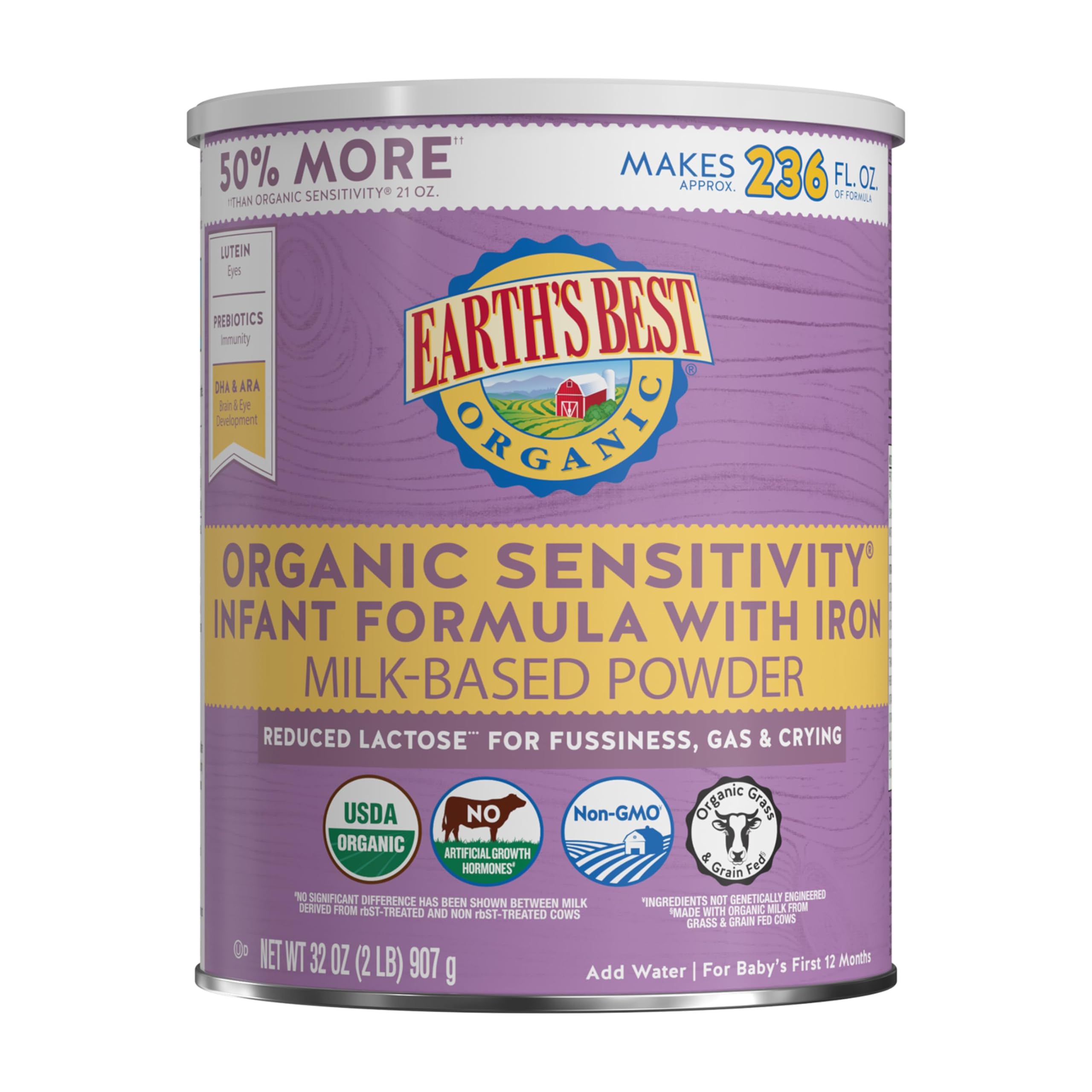 Earth's Best Organic Sensitivity Infant Formula for Babies 0-12 Months, Reduced Lactose Powder Formula with Iron, Omega-3 DHA, and Omega-6 ARA, 32 Ounce Value ContainerUSDA Organic