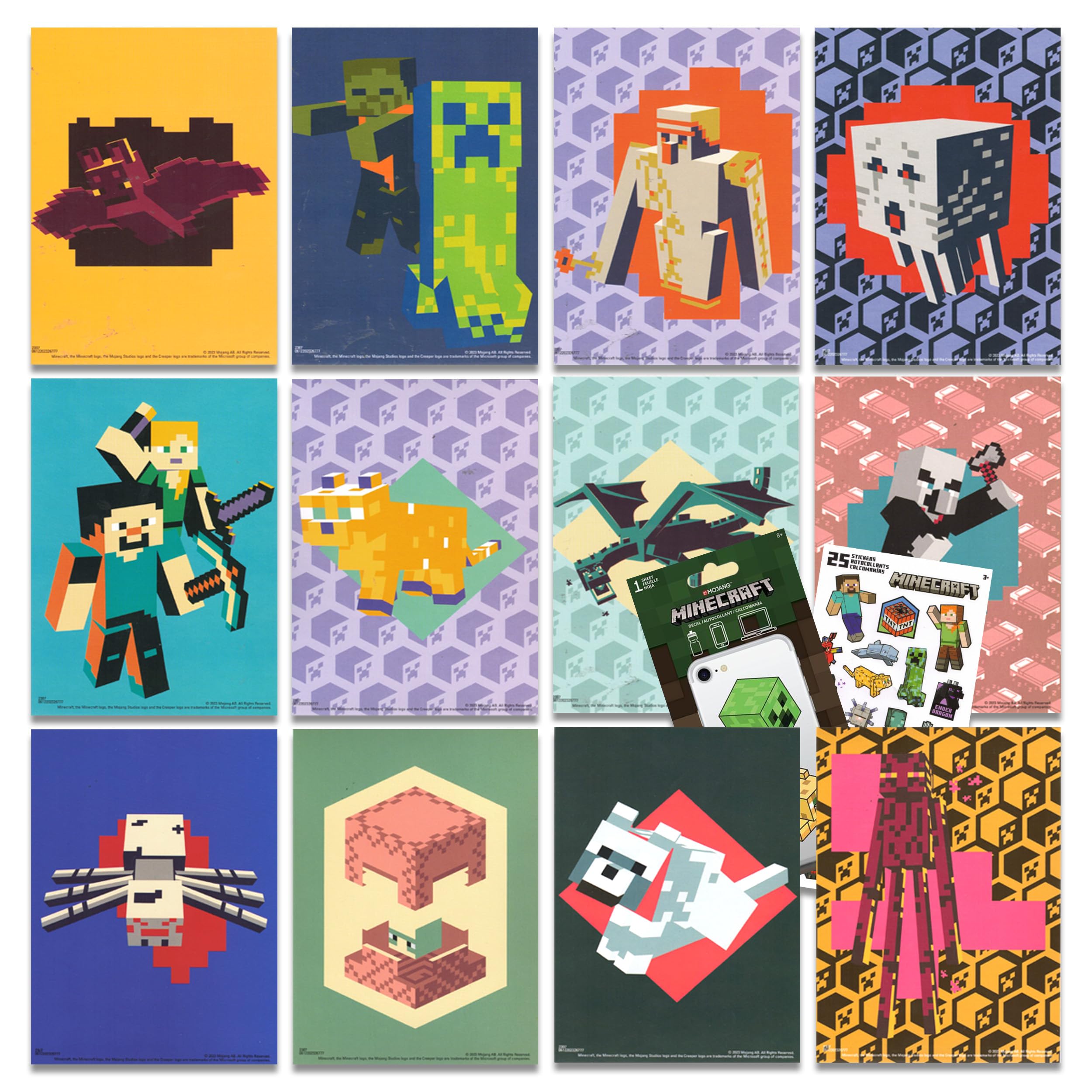 Mini Minecraft Posters for Kids - Video Game Wall Art Bundle Includes 12 Mini Room Posters (4" x 6"), Stickers, More | Minecraft Decorations