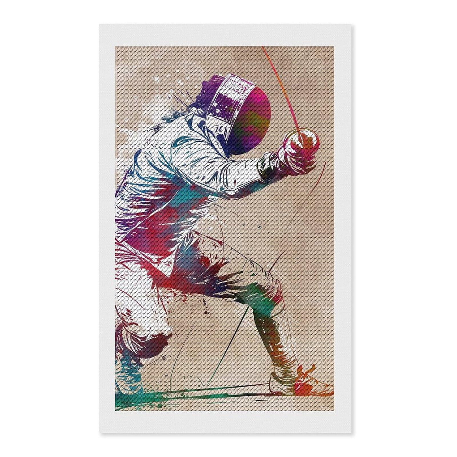 Junmoney Fencing Sport Art Diamond Painting Set 12"x20", Sparkling Round Gems, Decorate Your Room, Fun Craft Experience, Modern Decor