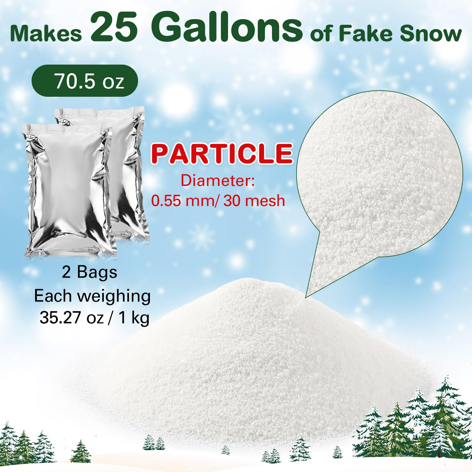 Pangda 70.5 Ounces Christmas Fake Snow Instant Snow Powder Add Water Makes 25 Gallons Artificial Snow for Holiday Snow Winter Decorations Village Displays and Crafts (Particle Style)