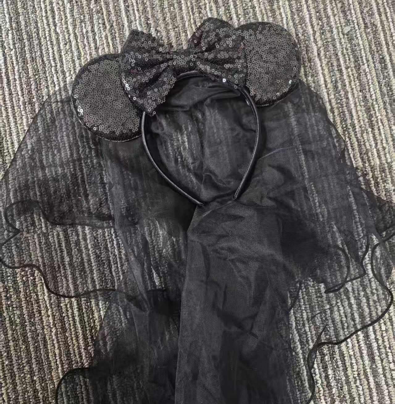 JIAHANG Black Mouse Ear Bow Headband with Bridal Veil, Ghost Bride Halloween Masquerade Party Headpiece for Women Girls (black veil)