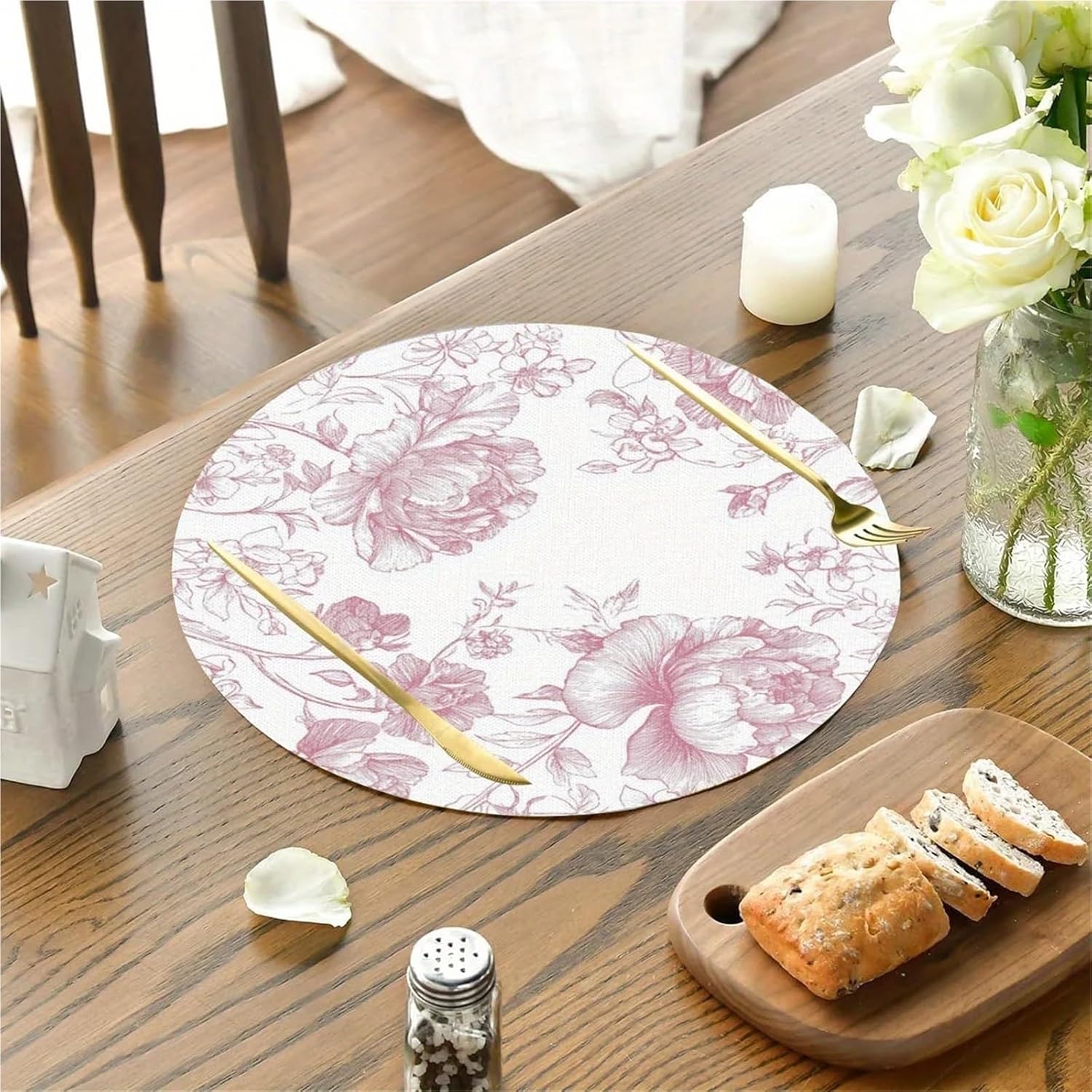 4PC Clouds Duplex Placemats Pink Peonies Daisies Branches & Leaves BFF Afternoon Tea Couple Dinner