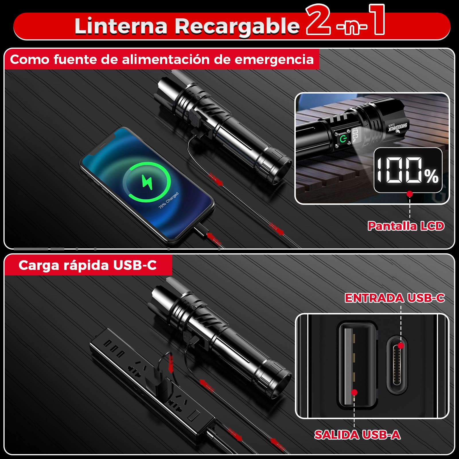 Shadowhawk Linternas alta Potencia 24H Iluminación | Militar 1,000,000 Lúmenes 30W Linterna LED Potente Rechargeable (2 pilas), Tactica Flashlight para Camping/Emergencias/Regalo, Pantalla LCD & IP67