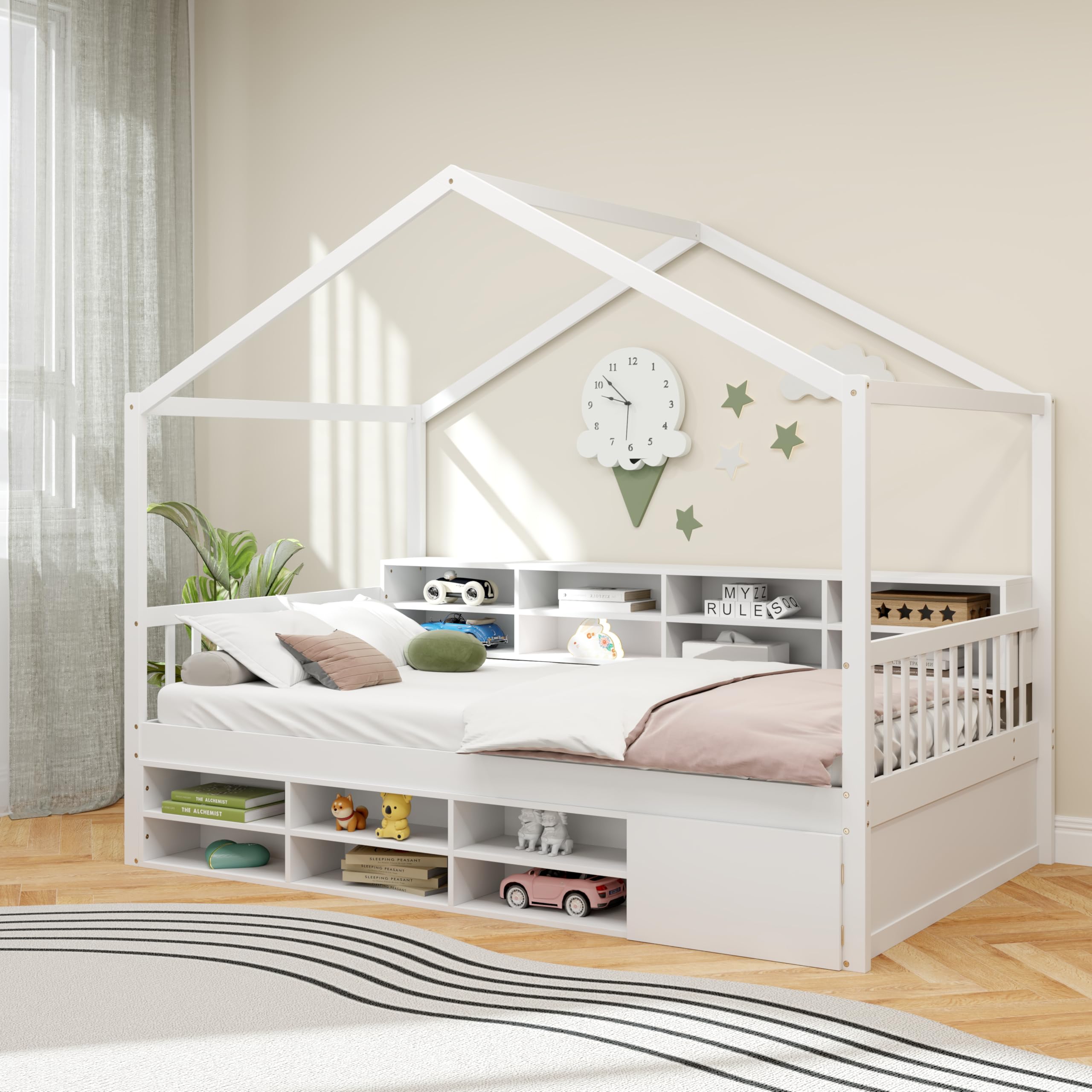 Giantex Canbana-Bett für Kinder, 115 x 200 cm, Bodenbett aus Holz mit Barriere, 14 Aufbewahrungswürfel, Schrank, 10 Latten, Design in Hausform, Belastung 200 kg, Montessori-Bett für Mädchen, Jungen,