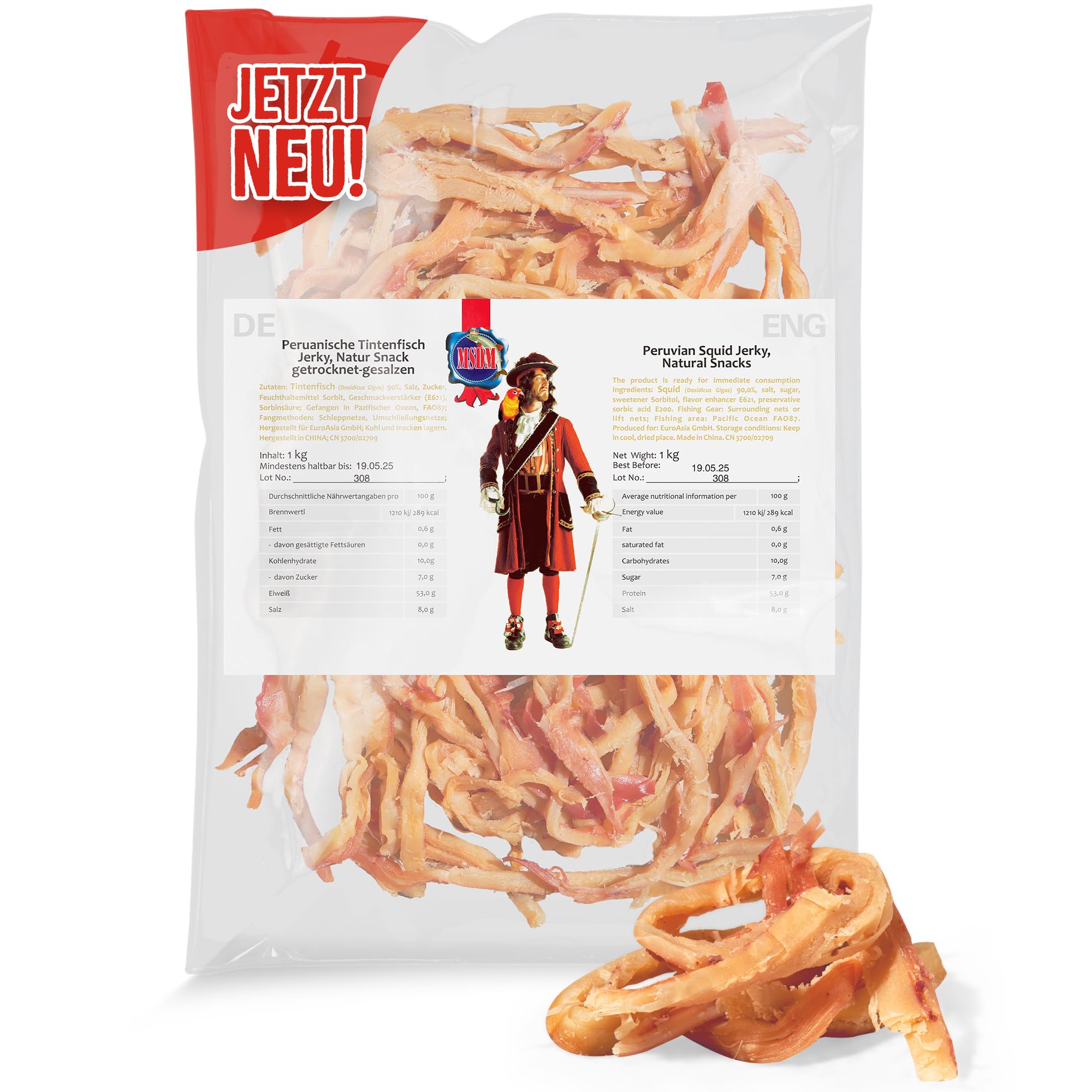 MSDM Peruanischer Tintenfisch 1kg - Fisch Jerky I High Protein I Snacks I Trockenfisch Omega 3 I Beef Jerky, Trockenfleisch & Chips Alternative Salat Topping