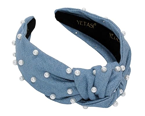 Diademas anudadas de mezclilla azul perla para mujer que van con todo. Cómoda diadema de tela suave con nudo superior para mujer. Diadema de