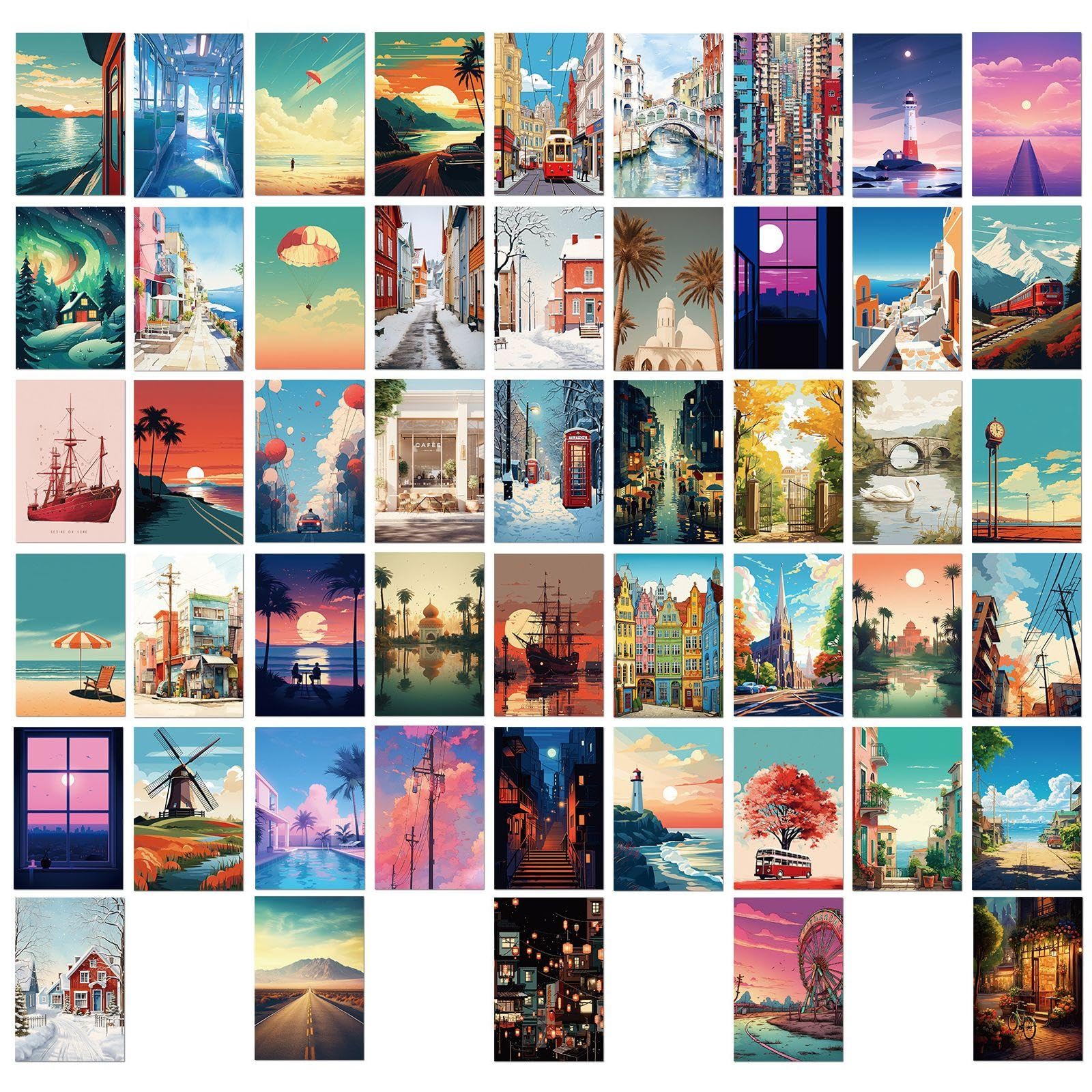 50 Cartoon Street Cards, Landscape Themed Postcards, Wall Decorations, Gift Cards.