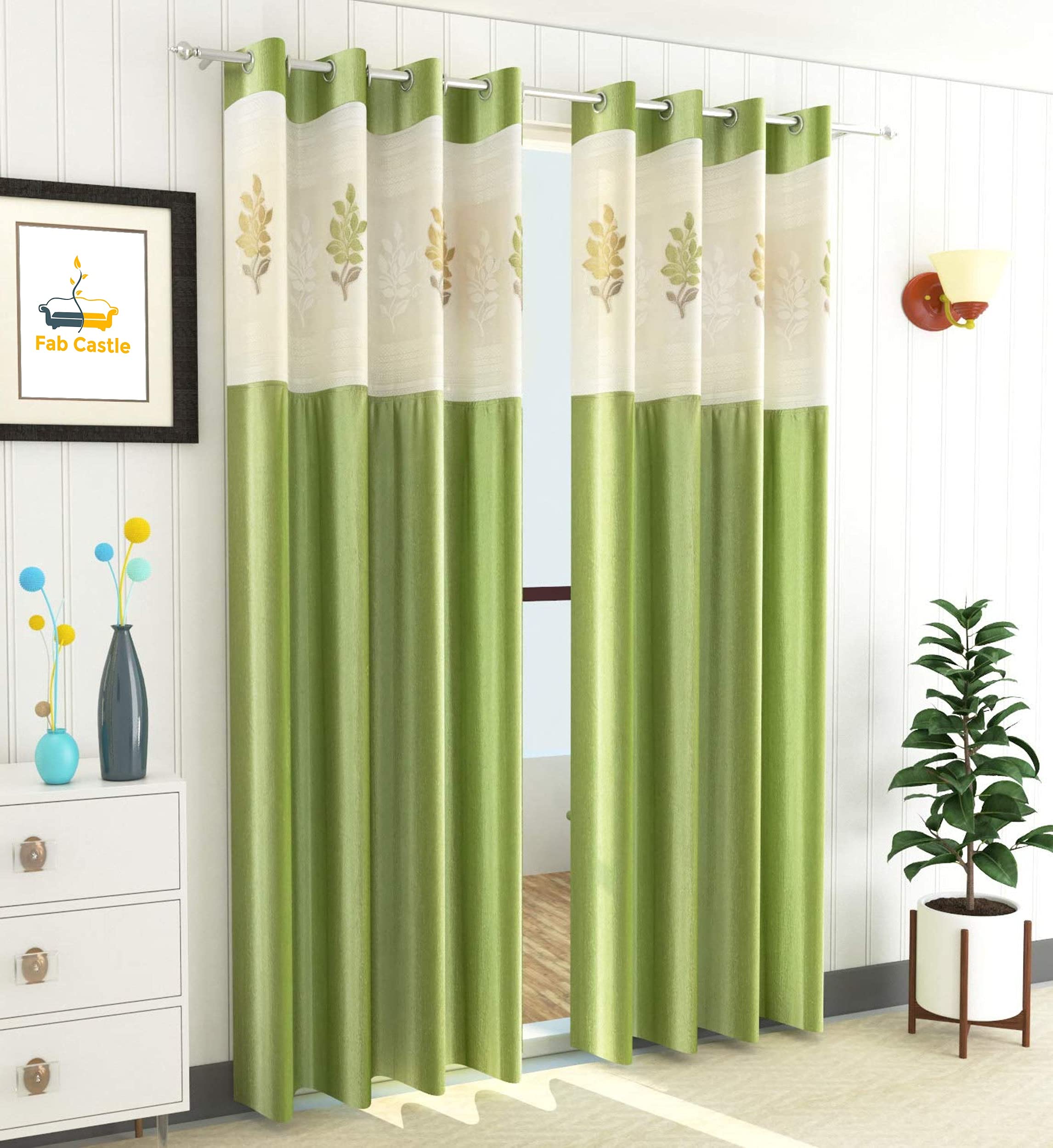 Fab Castle 2 Piece Premium Net Combination Floral Curtains for Door 7ft, Green (Green, 7 Feet (Pack of 2))