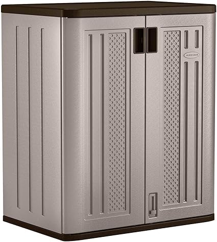 Suncast Base Storage Cabinet for Garage Organization, 9 Cu. Ft. Capacity, Platinum Metallic & Slate - Lockable Multi-Wall 2-Shelf Resin Organizer for Garden Supplies, Paint Cans & Outdoor Tools
