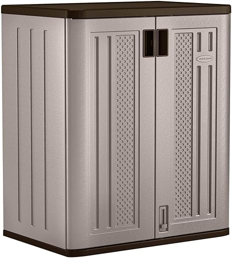 Suncast Base Storage Cabinet for Garage Organization, 9 Cu. Ft. Capacity, Platinum Metallic & Slate - Lockable Multi-Wall 2-Shelf Resin Organizer for Garden Supplies, Paint Cans & Outdoor Tools