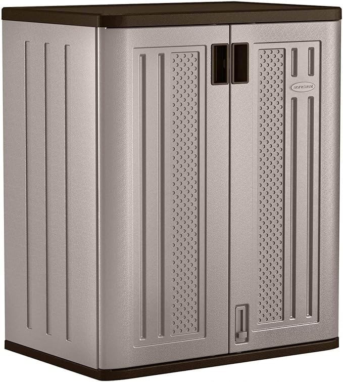 Suncast Base Storage Cabinet for Garage Organization, 9 Cu. Ft. Capacity, Platinum Metallic & Slate - Lockable Multi-Wall 2-Shelf Resin Organizer for Garden Supplies, Paint Cans & Outdoor Tools