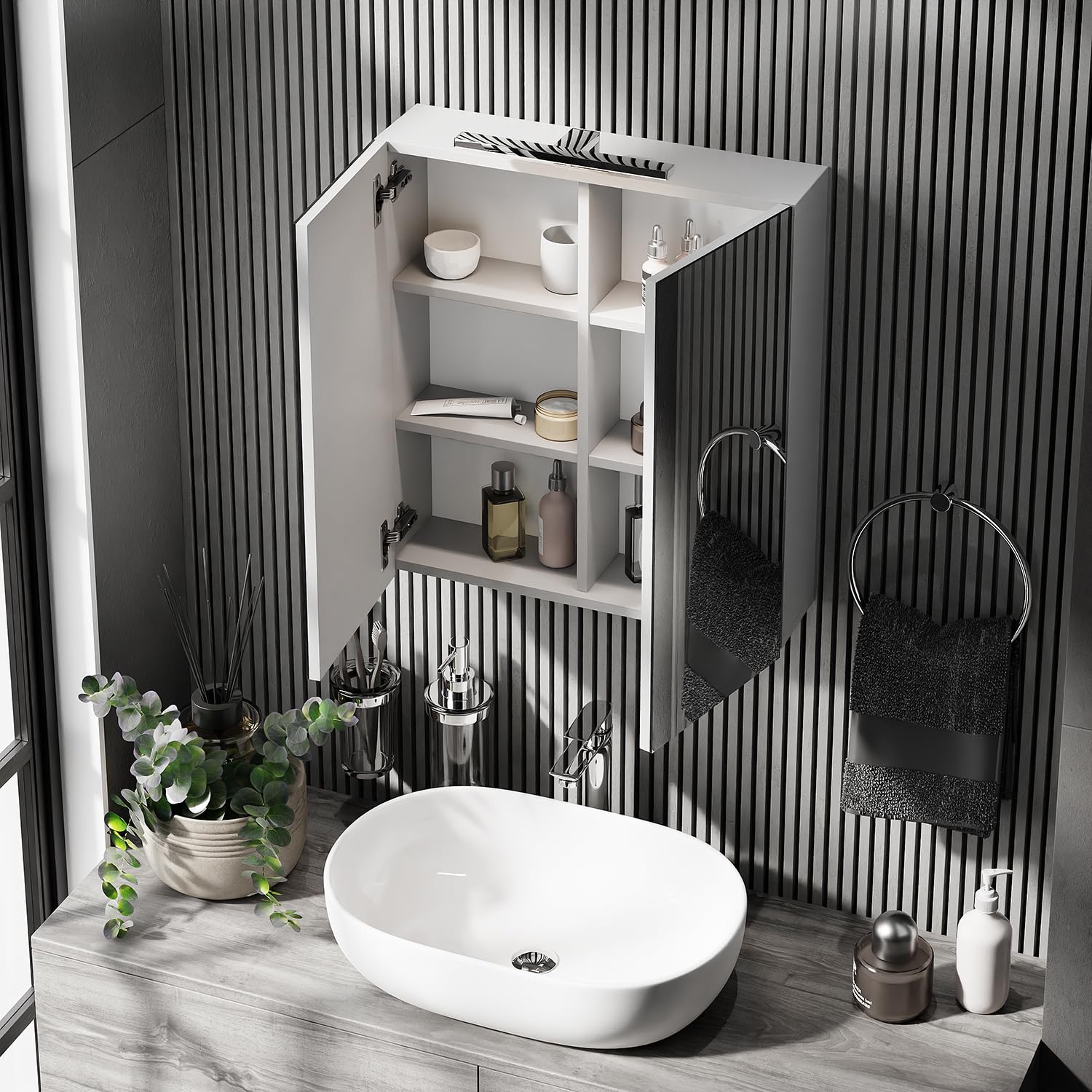 Planetmöbel - Armadio a specchio con illuminazione, 60 cm di larghezza, con specchio, illuminazione a LED cromata, colore: bianco/grigio
