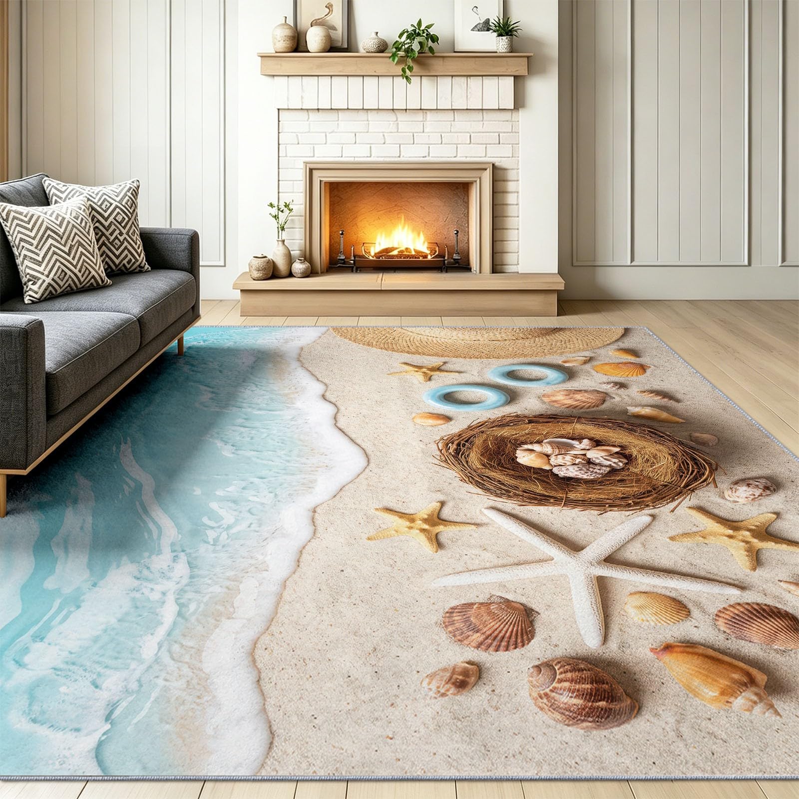 Dywan do salonu, 60 x 110 cm, beżowy, nadaje się do prania, na wakacje na wybrzeżu, antypoślizgowy, miękki, zmywalny obszar, do salonu, sypialni, jadalni, biura, niskie runo, plaża, rozgwiazda