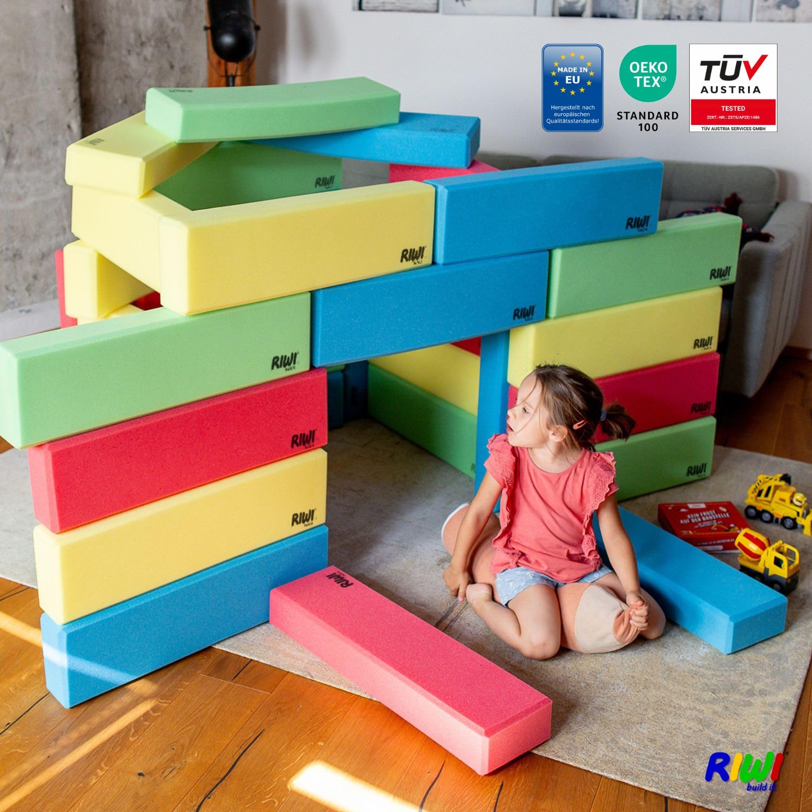 RIWI® 48er Baustein Set | XXL Schaumstoff Bauklötze | große weiche Spielsteine für Kinder | TÜV Austria & Öko-Tex Zertifiziert | Waschmaschinenfest