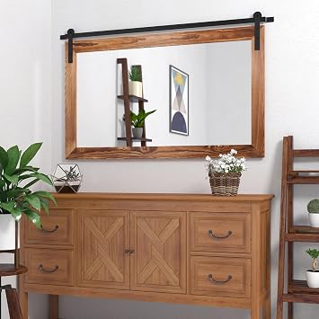 COGOOD Farmhouse Barn Door Mirror - 41 x 26 Rustic Wood Framed Wall Mirror for Bathroom, Living Room, Bedroom Wall Decor (Brown)