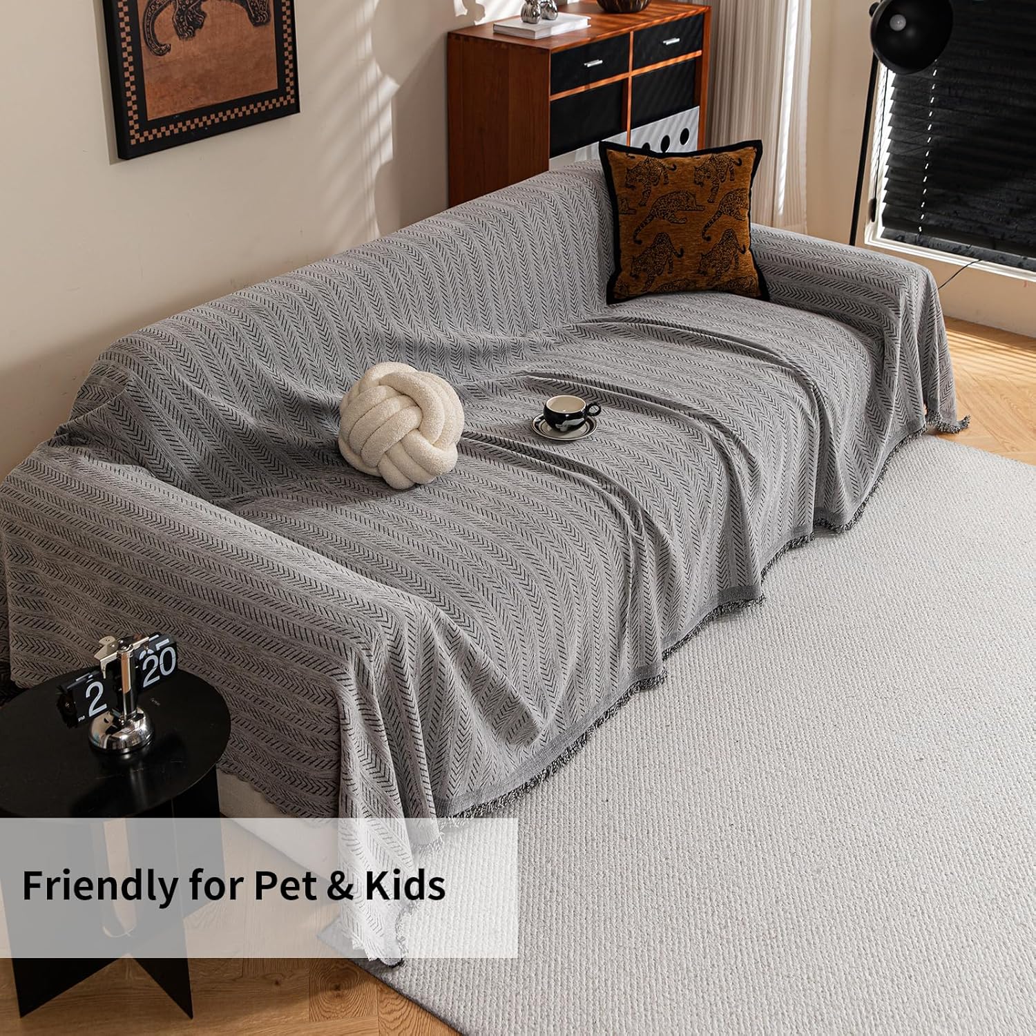 Grey Sofa Covers Sectional Couch Cover Slipcovers Furniture Protector for Pets Kids, Polyester Strip Couch Throw Blankets Tassels Edge for 3 Cushion Couch, 71"x134"