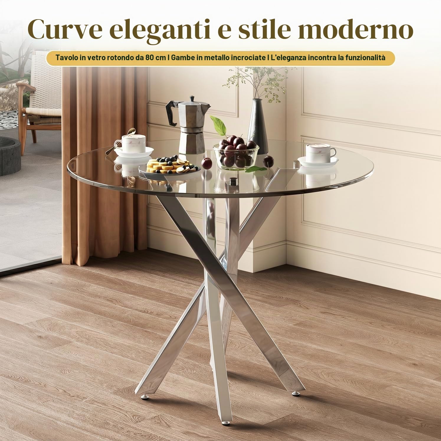 Tavolo da pranzo rotondo in vetro, 80 x 80 x 75 cm, moderno tavolo da pranzo in vetro, piano in vetro temperato, gambe del tavolo galvanizzate, tavolo da cucina rotondo, per cucina, soggiorno