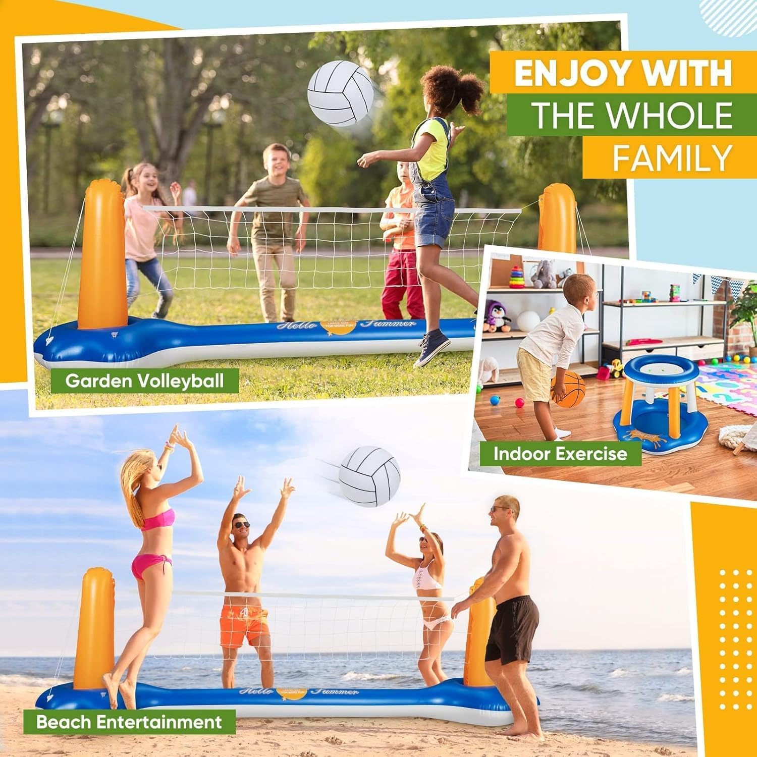 Juego de voleibol de piscina y aro de baloncesto, red de voleibol de piscina más grande de 125 pulgadas para enterrar, incluye 2 bolas y 2 bolsas de peso, juego de juguetes de piscina para