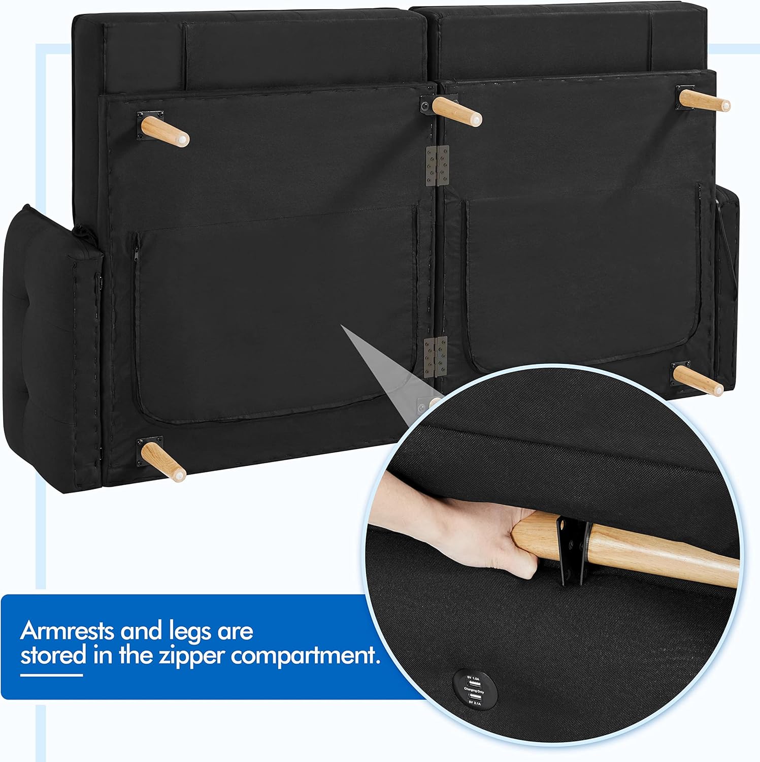 Armrests and legs stored in zippered compartment