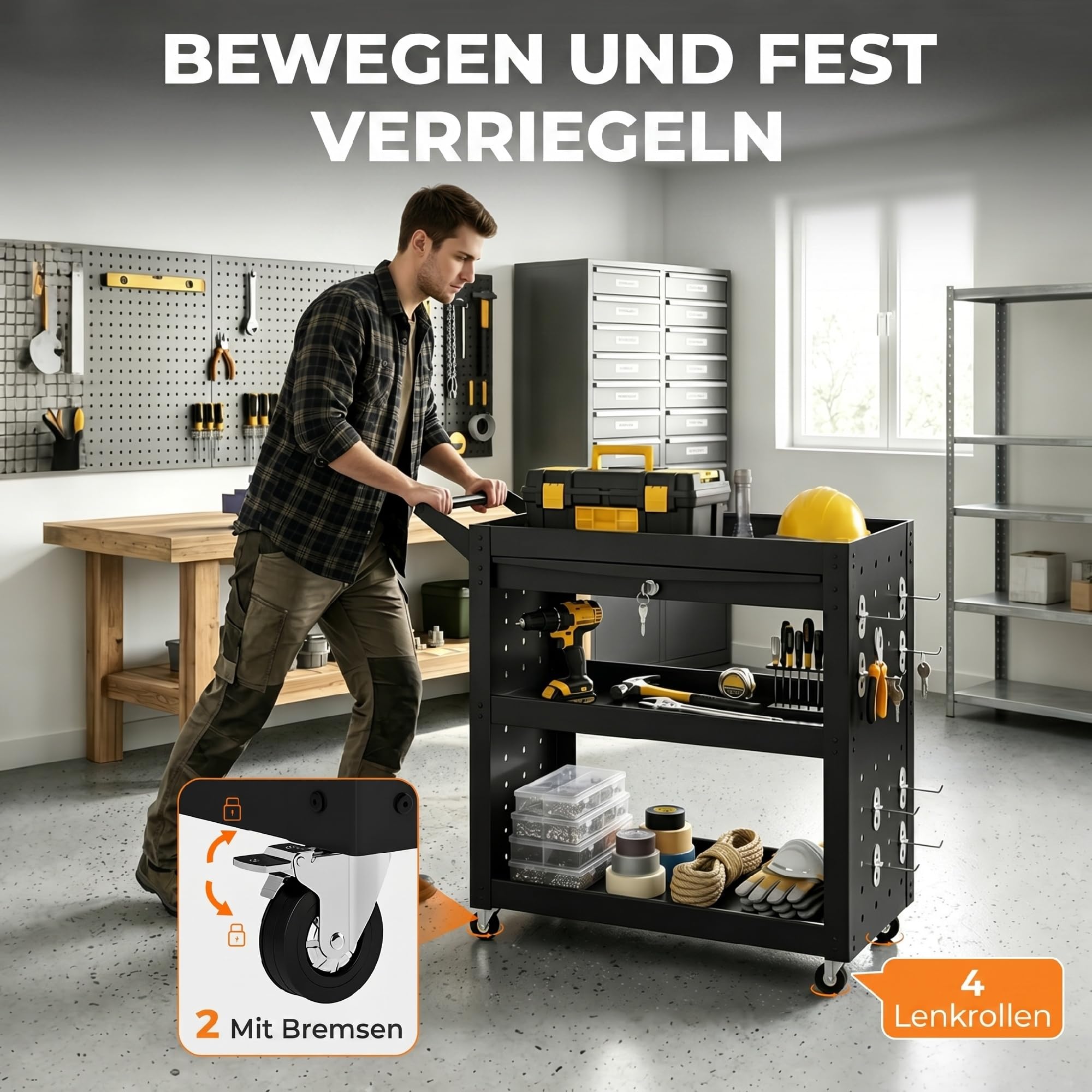 HOMCOM Werkzeugwagen leer, Werkstattwagen mit 3 Etagen, Lochplatten und Abschließbar Schublade, Rollwagen mit Bremsen, bis max. 90 kg belastbar für Werkzeug, Garagen, Werkstatt, Schwarz