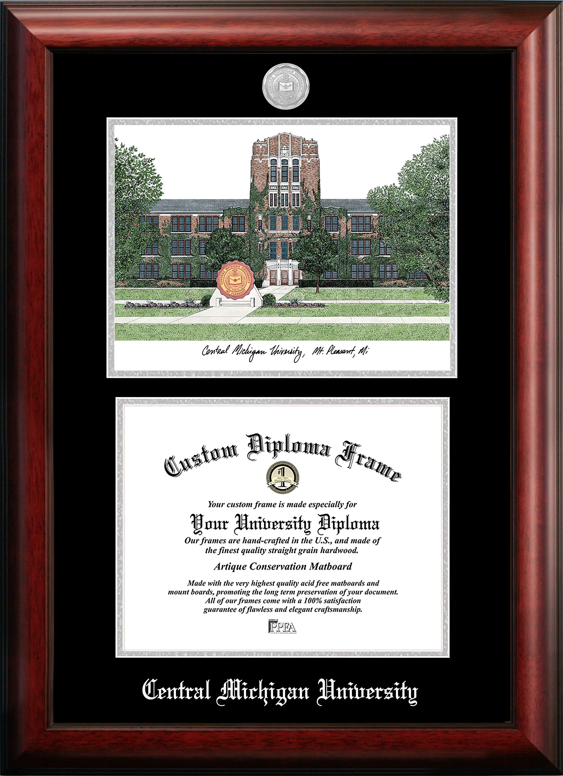 Campus Images NCAA Central Michigan Chippewas Unisex Silver Medallion Frame Central Michigan University 11w x 8.5h Silver Embossed Diploma Frame Lithograph, Brown, One Size