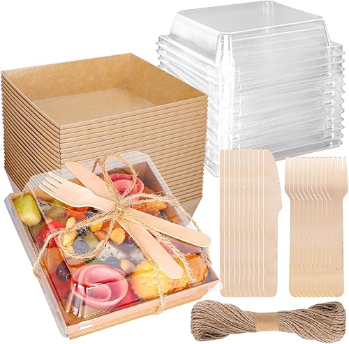 Miniatura 1 de Whaline 50 cajas pequeñas de embutidos con tapas transparentes, cajas de postre de papel kraft con tenedores y cuchillos, recipientes cuadrados